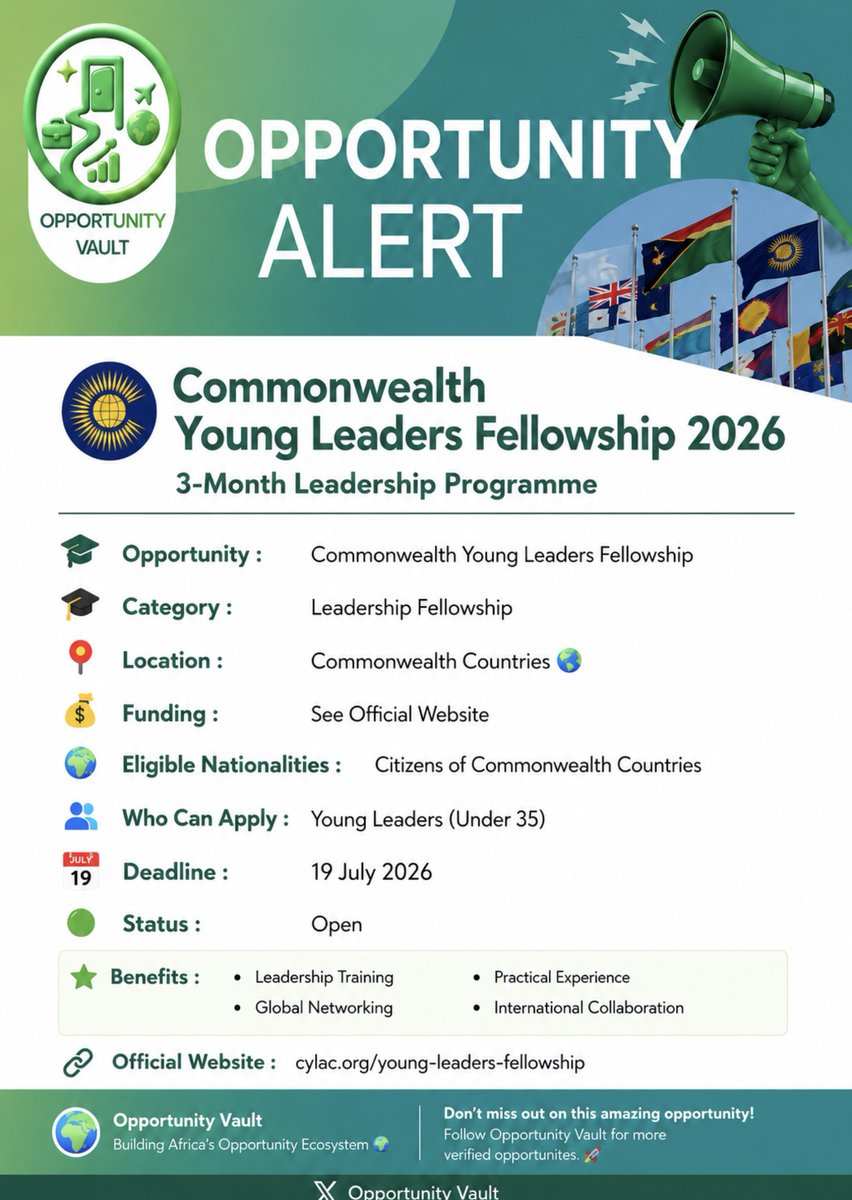 Myoppvault's tweet photo. If you’re a young leader under 35 and passionate about creating positive change in your community, this could be your next big opportunity.

📅 Deadline: 19 July 2026

🔗 Apply: https://t.co/J4X12UZFwF

Save this post and share it with someone who shouldn’t miss this opportunity. https://t.co/96o8HzeHm7