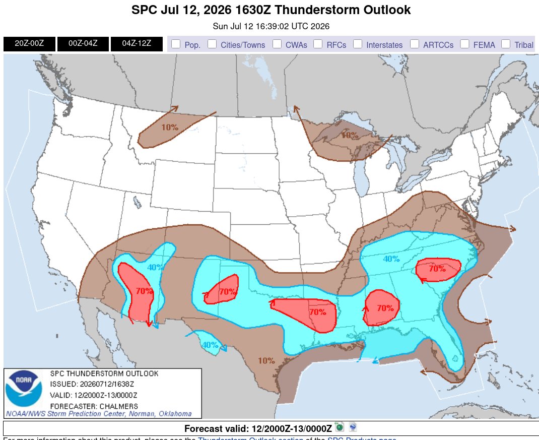 keepitsimpleeng's tweet photo. Day 1 Convective Outlook CORR 1  NWS Storm Prediction Center Norman OK
 1141 AM CDT Sun Jul 12 2026 Valid 121630Z - 131200Z
 ...THERE IS A SLIGHT RISK OF SEVERE THUNDERSTORMS ACROSS PARTS OF  EASTERN GEORGIA INTO THE CAROLINAS...SOUTHERN/CENTRAL ARIZONA...AND THE UPPER PENINSULA OF MICHIGAN...
 CORRECTED FOR OUTLOOK PROBABILITY LINES OVER GA/CAROLINAS
 ...SUMMARY...
 Thunderstorms capable of producing isolated to scattered severe/damaging winds may occur this afternoon/evening across parts of the Carolinas/Southeast into the southern Plains, and separately over southern/central Arizona. Large hail and severe winds also appear possible over portions of the Upper Peninsula of Michigan.
 ...Carolinas/Southeast into the Southern Plains...
 Midday visible-satellite imagery shows an agitated cumulus field over north-central GA to the south of a differential heating zone/weak front draped across the southern Appalachians and west to east across the Carolinas.  Surface temperatures will continue to warm into the 90s F south of the more prevalent cloud cover over the Upstate of SC and western/central NC.  Scattered thunderstorms will likely develop in several clusters across the Southeast with strong to locally severe gusts capable of wind damage being the primary hazard.  Farther west, more widely spaced clusters will likely develop over the central Gulf Coast states into the Ark-La-Tex region.  Locally damaging gusts will be possible with the stronger thunderstorms.  
 Into parts of the southern High Plains, a seasonably moist boundary layer will become moderately unstable by mid afternoon.  Steep 0-3 km lapse rates will favor isolated severe gusts with the stronger downdrafts.  Considered a small Slight Risk over the TX South Plains but some uncertainty regarding storm coverage precluded higher severe probabilities this outlook update.  
 ...Upper Midwest/Great Lakes...
 Northwest-flow regime will maintain a plume of elevated mixed layer air atop a moist low-level airmass.  It is uncertain whether additional storm development will occur this afternoon in association with a morning cluster of strong to severe storms over parts of the U.P.  Nonetheless, sufficient shear/buoyancy for supercells and organized storms structures lends a continued conditional risk for severe storms into this evening/tonight.  Some guidance shows an eventual outflow-dominant cluster moving into parts of the region tonight, with some potential for damaging gusts.  
 ...Arizona...
 Very strong heating will again yield a hot and well-mixed boundary layer by mid afternoon.  Isolated to scattered storms are forecast to develop on the Rim and gradually propagate into the lower desert, aided by moderate easterly mid-level flow (30-kt at 500 mb sampled by the 12 UTC Phoenix raob).  Strong evaporative cooling of the more water-laden downdrafts will be capable of severe gusts (60-75 mph). 
 ...Montana...
 A weak front along with very strong heating may suffice for a few high-based thunderstorms to develop late this afternoon across north-central MT.  Very steep low to mid-level lapse rates and deep inverted-V profiles imply some potential for severe gusts with the stronger evaporatively cooled downdrafts.