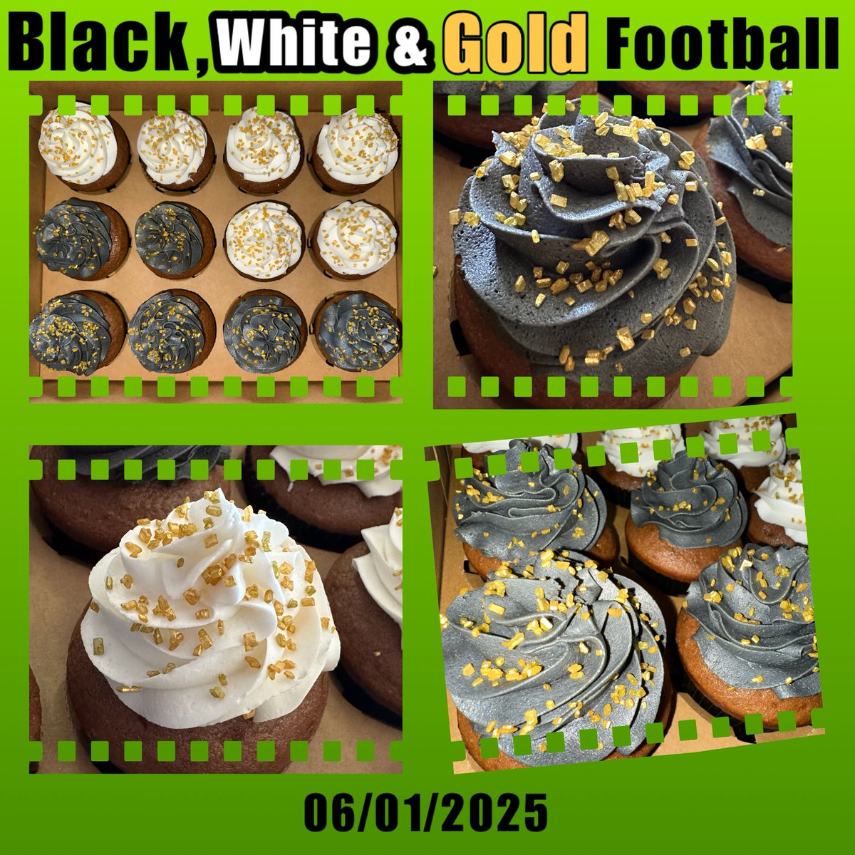 gatch1998's tweet photo. Black, white &amp; gold cupcakes for end of season football.  1/2 vanilla, 1/2 chocolate w/black &amp; white frosting w/gold sprinkles. 06/01/2025 https://t.co/hA1xB4M5JR