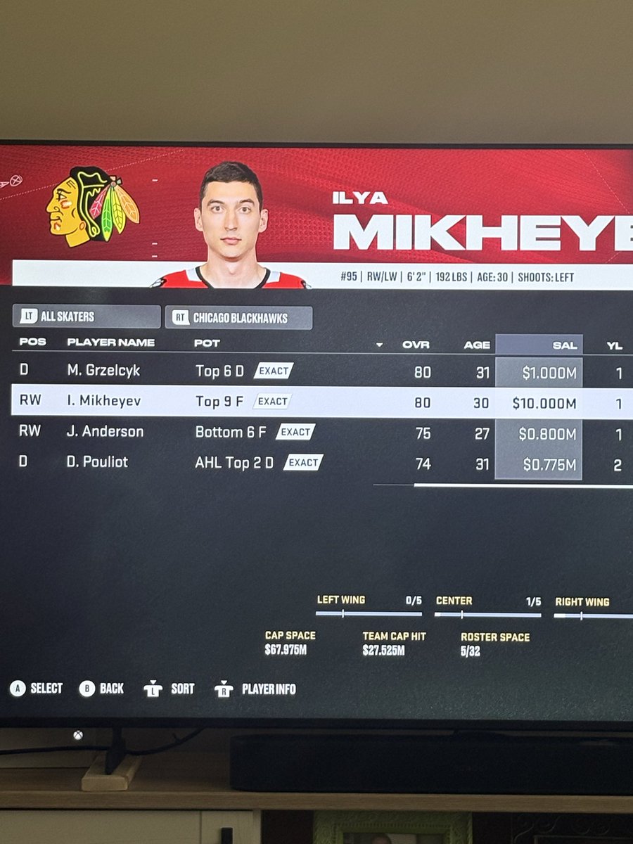 Emorldzz's tweet photo. I’m crying why is Ilya Mikheyev getting paid 10m by Chicago in my franchise mode expansion draft https://t.co/kdfS6EmKlu