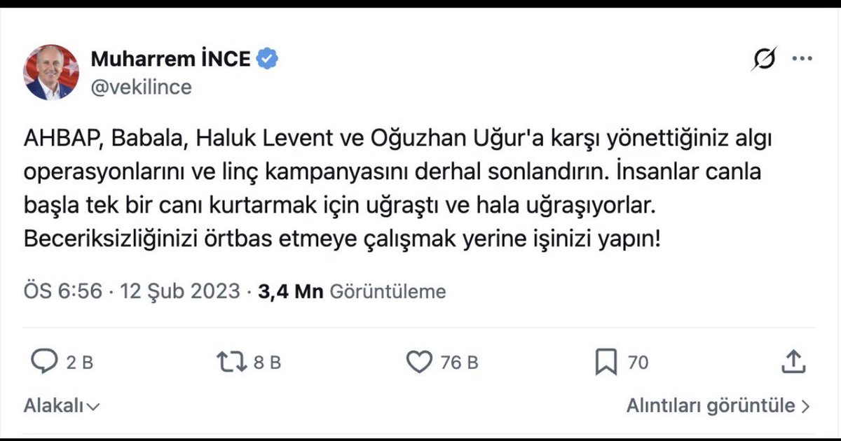 zafersahin06's tweet photo. Siyasetçisi
Gazetecisi
Berna Laçini…
Babalası..

O deprem bir karabasan gibi ülkenin üzerine çöktüğünde neler demediler ki!!!

İnsanlar can derdindeyken memleketin neredeyse yüzde 15’i yıkılmışken onlar 3 ay sonraki seçimi hesaplıyordu.

Bu deprem bir fırsattı.. Devlet yoktu. İki tane STK devletten daha çok iş yapıyordu. Devlet çadır satıyordu! Seçim garantiydi artık..

İçlerinden bir Allahın kulu çıkıp da “Elbette Kızılay elindeki çadırı STK’ya bedava veremez. Bu bir algı operasyonu. Milletçe kenetlenmemiz lazım bugün” demedi..

O dönemde hakikat mücadelesi yapan herkesin duymadığı hakaret, işitmediği küfür kalmadı. Ben kendi adıma ülkenin en zor gününde o operasyona zemin hazırlayanlara hakkımı helal etmiyorum.

Haluk Levent’e gelince. Gerçekten üzgünüm. Ne zaman eleştirsem ya arar ya mesaj atar, bölgede yaptıklarını anlatırdı. Somut olarak hayata geçirdiği işleri de duyurduk. Ama maalesef yanılmışız. En çok da o güzel şarkılarına ve sevenlerine haksızlık bu ortaya çıkanlar.