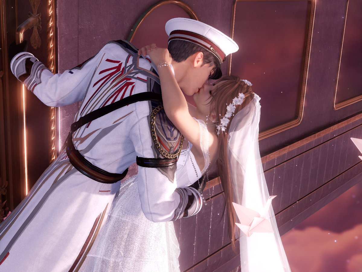 ColonelKatari's tweet photo. Yesterday, when I watched the wedding memory after dressing Caleb in the Colonel’s white uniform, I burst into tears. You know, this is exactly what a dream coming true feels like.

I fell in love with the Colonel’s storyline from the very first moments, and that was also when I fell in love with him as a combat companion. I watched all the girls around me get ranks: they pulled the cards or had selector boxes... But I had no luck with the cards. I had saved two boxes for Caleb since December, but I had already claimed the others before he was announced as playable. Still, I waited. I thought that one day I would get R2, right? But for almost a year, all I saw was R3R1. I cleared 240.1 with him, and I played him whenever I had the chance.

And during Illusio a year ago, I saw girls posting photos from the wedding memory with Caleb dressed in the white uniform, and it hurt me so endlessly that I could not do the same. By autumn, nothing had changed either: the card I needed simply would not drop for me.

And then that day finally came: Monday, the announcement of Caleb’s solo memory... and when I did ten pulls on the standard banner... burst into tears when I saw the card I needed. At that moment, everything I had dreamed of was finally with me... and how happy I was when I lost on Caleb’s solo banner! And once again, it was to the card I needed. That was how my precious Colonel became R3, and I started waiting for the next Illusio.

Unfortunately, it came during a period when I was struggling a lot emotionally, and I could not make myself go into Illusio. I did not want that very photo I had dreamed of to later be associated with those difficult times. But well... things are difficult again now, but I feel so completely one with Caleb that here I am, making my dream come true.

I love you, Caleb. I love you more than anything in the world.
#夏以昼 #Caleb