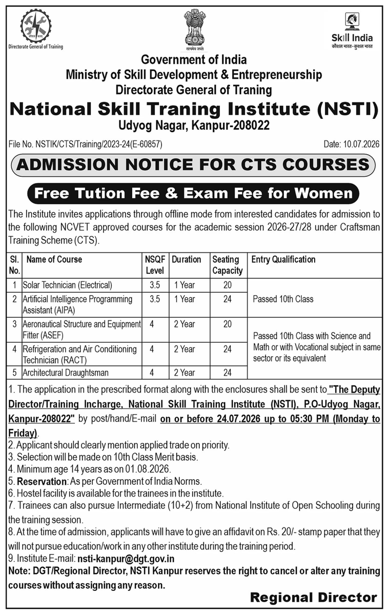 JagoKanpurJago's tweet photo. National Skill Training Institute (NSTI)
Udyog Nagar, Kanpur - 208022
ADMISSION NOTICE FOR CTS COURSES
#Kanpur #NSTI #CTI #ATI #JagoKanpurJago