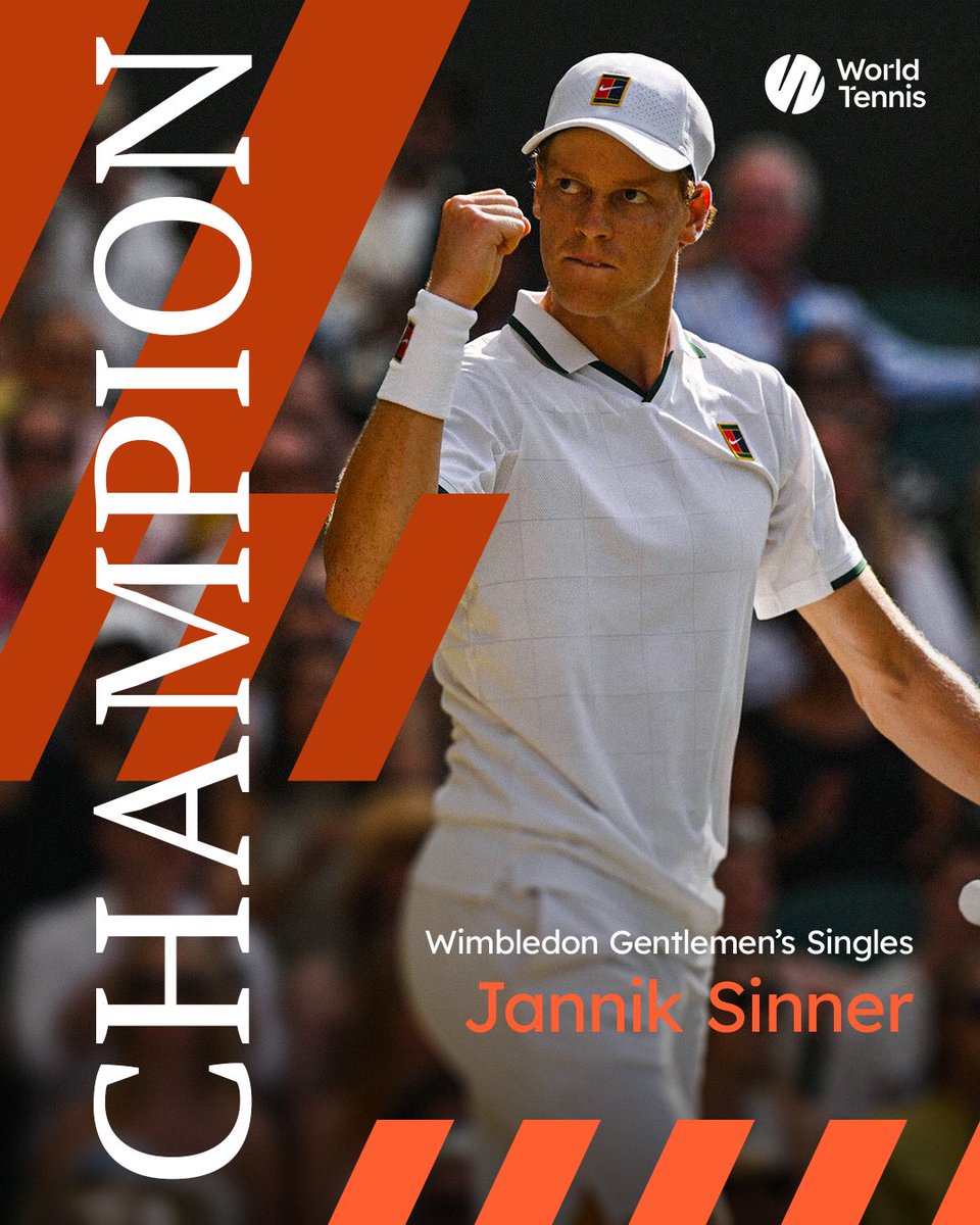 worldtennis's tweet photo. Grand Slam Title No. 5 🏆🏆🏆🏆🏆

Jannik Sinner defeats Alexander Zverev 6-7 7-6 6-3 6-4 to win back-to-back Wimbledon titles and clinch the fifth Grand Slam title of his career https://t.co/iV3kKEtXRV