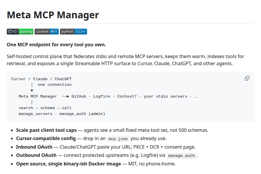 arthurkatcher's tweet photo. Gave Grok 4.5 a test run.

Everyone knows MCPs are a pain, they flood the context window, you have to load them right, manage tokens… yikes.

The fix: one MCP to rule them all.

Wire your many servers into a single connection. Expose just one endpoint with just 8 tools to Claude, ChatGPT, Cursor, or any agent.

Fully open source, self-hosted. OAuth both ways: agents log into MetaMCP, MetaMCP logs into protected upstreams.

Save tokens. 1 MCP instead of 100.

Link in the comments.
