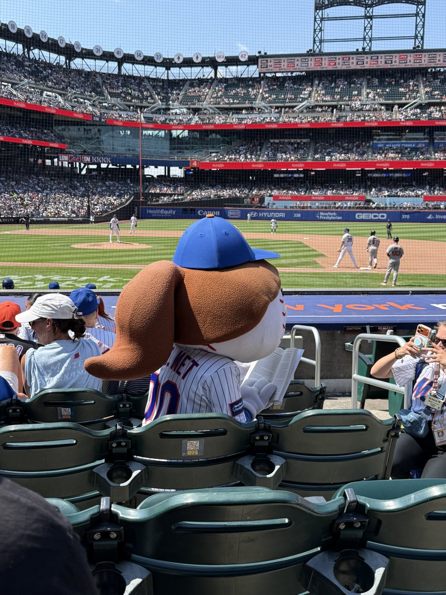 JakeBrownLive's tweet photo. Even Mrs. Met has checked out on the Mets season she is reading during the game. https://t.co/SG6SwsqbUE