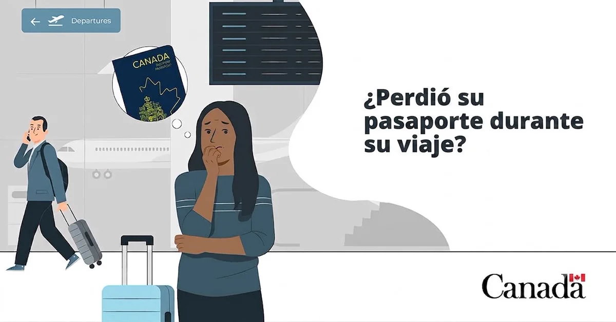 Viajera junto a sus maletas en el aeropuerto, preocupada por perder su pasaporte canadiense durante un viaje internacional.