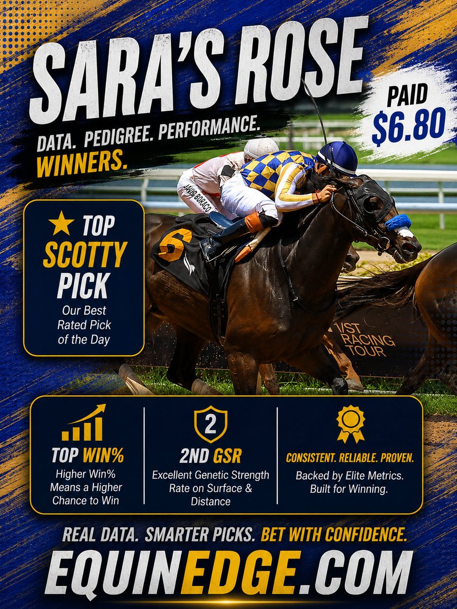 EquinEdge's tweet photo. The numbers lined up. The result followed. ✅
Sara's Rose rewarded EquinEdge users as the Top Scotty Pick, Top Win%, and 2nd GSR, returning $6.80 to win at #GulfstreamPark.
Ready to bet smarter? https://t.co/vhFuEsEt7a https://t.co/7WJib38Kl4
