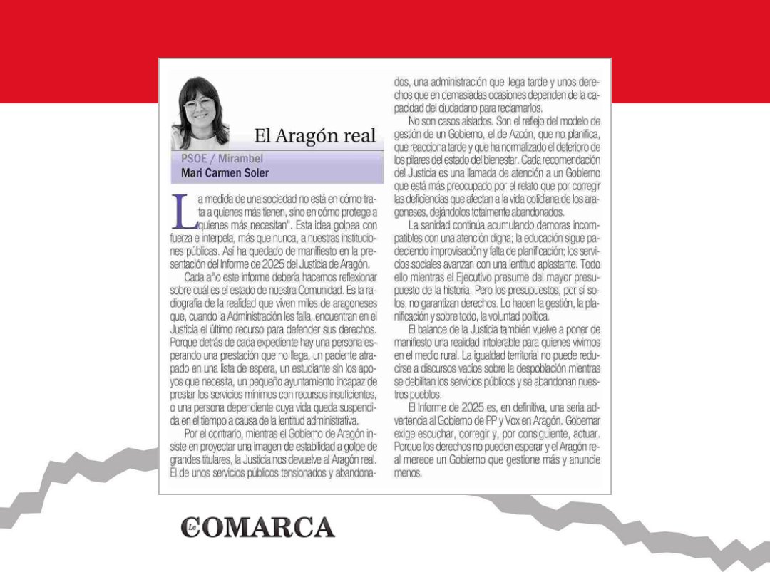 TeruelPSOE's tweet photo. ✒️ Artículo de opinión de @marimirambel , alcaldesa de Mirambel y diputada autonómica, publicado en @_lacomarca 

"... una seria advertencia al Gobierno de PP y Vox en Aragón. Gobernar exige escuchar, corregir y, por consiguiente, actuar". https://t.co/OSJ3Rf6euJ