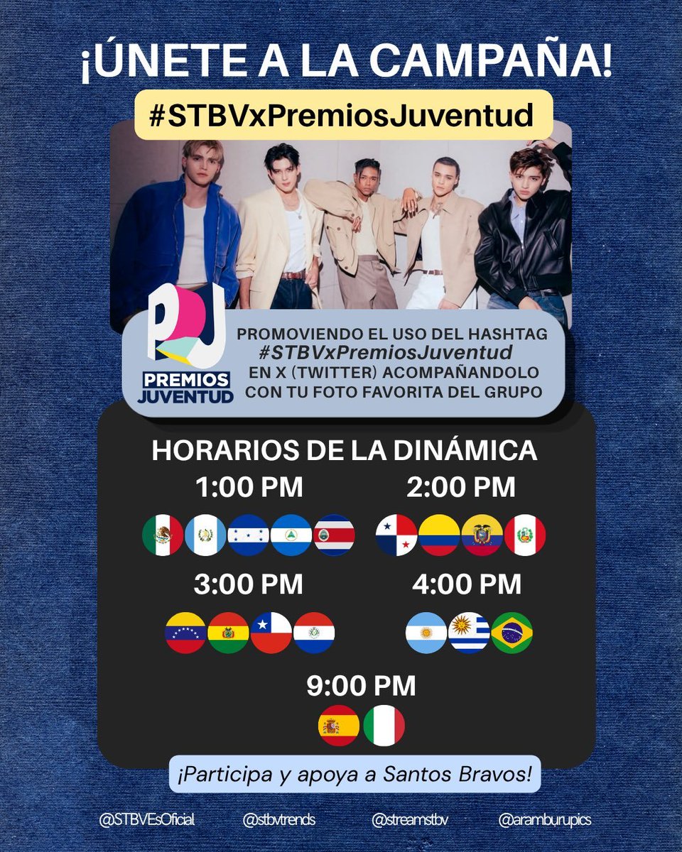 stbvtrends's tweet photo. 📢APOYEMOS A SANTOS BRAVOS

Mañana participa en la campaña publicando un tweet donde expliques por qué santos bravos merece una nominación en Premios Juventud. Incluye una foto/video del grupo, menciona a @PremiosJuventud y utiliza el htts

📆 13/07/2026

#STBVxPremiosJuventud https://t.co/S7gVXsT73o