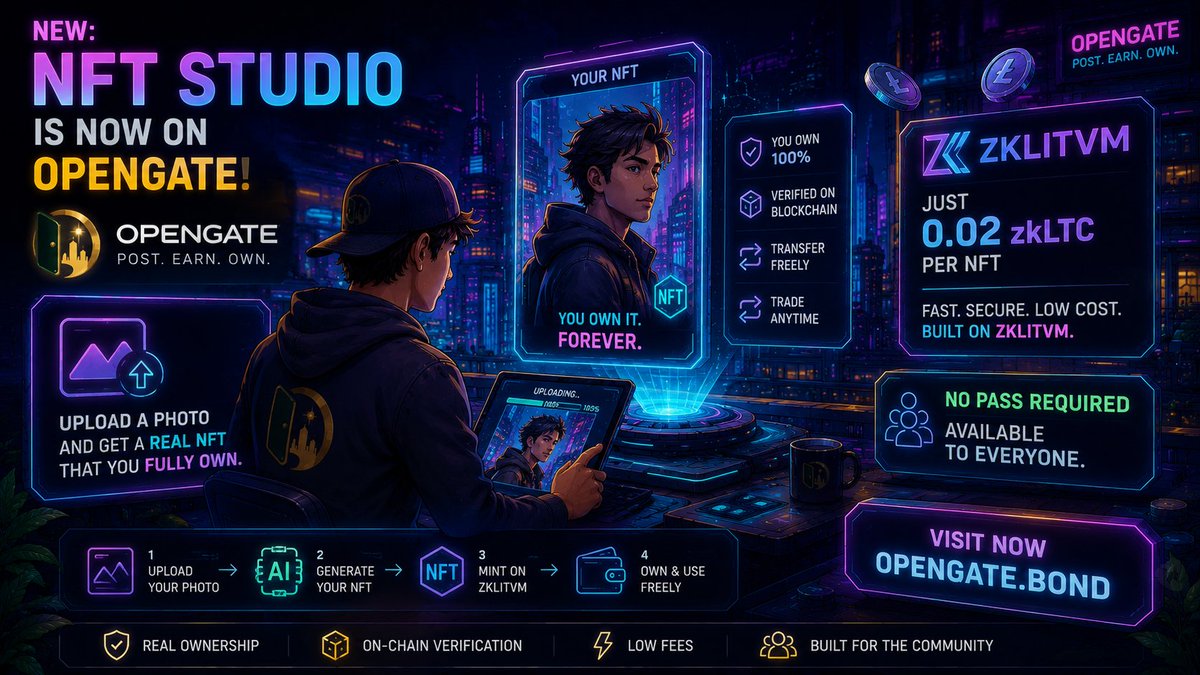 OpenGatelive's tweet photo. 🎨 New: NFT Studio is now on OpenGate!  Upload a photo and get a real NFT that you fully own.  ⚡ zkLitVM: just 0.02 zkLTC per NFT. No pass required—available to everyone. https://t.co/ZXv4fe2zk7  #zkLitVM #NFTs #Web3‌‌ #Web3Gems https://t.co/YBrY2ukrMP