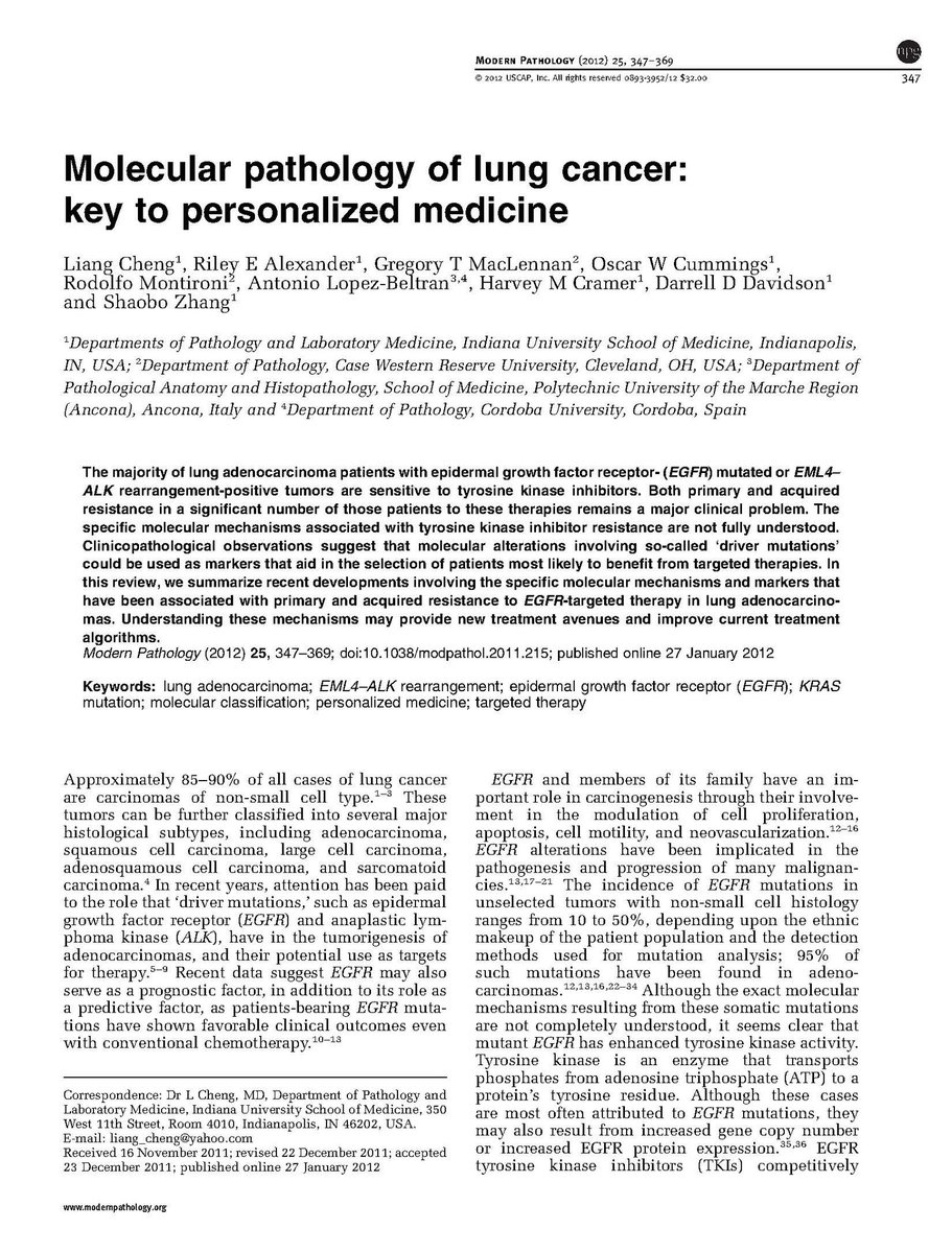 LiangChengMD's tweet photo. Upon reflection, it is interesting to look back at this comprehensive 23-page review on the molecular pathology of lung cancer that we published  @ModernPathology more than a decade ago. At the time, the concepts of driver mutations, molecular classification, and personalized therapy were just beginning to transform the management of lung and other cancers. We summarized the evidence supporting molecular testing in routine surgical pathology practice and proposed practical algorithms for integrating genomic biomarkers into routine clinical care. 

I am delighted that this article has now been cited more than 330 times. It has been incredibly rewarding to witness how far precision oncology has advanced over the past decade. Lung cancer has unquestionably led this revolution, demonstrating how molecular diagnostics can fundamentally reshape tumor classification, therapeutic decision-making, and patient outcomes.

Around the same time, our group also published an important study in the Journal of the National Cancer Institute demonstrating that the majority of multifocal lung cancers share a common clonal origin, providing molecular evidence that many multifocal tumors represent intrapulmonary metastases rather than independent primary tumors. This work had important implications for the staging and clinical management of patients with multifocal lung cancer. 

Today, many other tumor types - including bladder and prostate cancer - are rapidly following a similar trajectory. The integration of molecular pathology, targeted therapies, liquid biopsy, artificial intelligence, and biomarker-driven clinical trials is transforming oncology and pathology practice across virtually every organ system. What began in lung cancer has become the blueprint for precision oncology throughout modern medicine.

It has been a privilege to witness - and contribute to - this extraordinary transformation. The future of cancer diagnosis and treatment has never been more exciting！

Modern Pathology article: https://t.co/nJn2Em3m6P

JNCI clonal origin study: https://t.co/mf3GyV4te8
