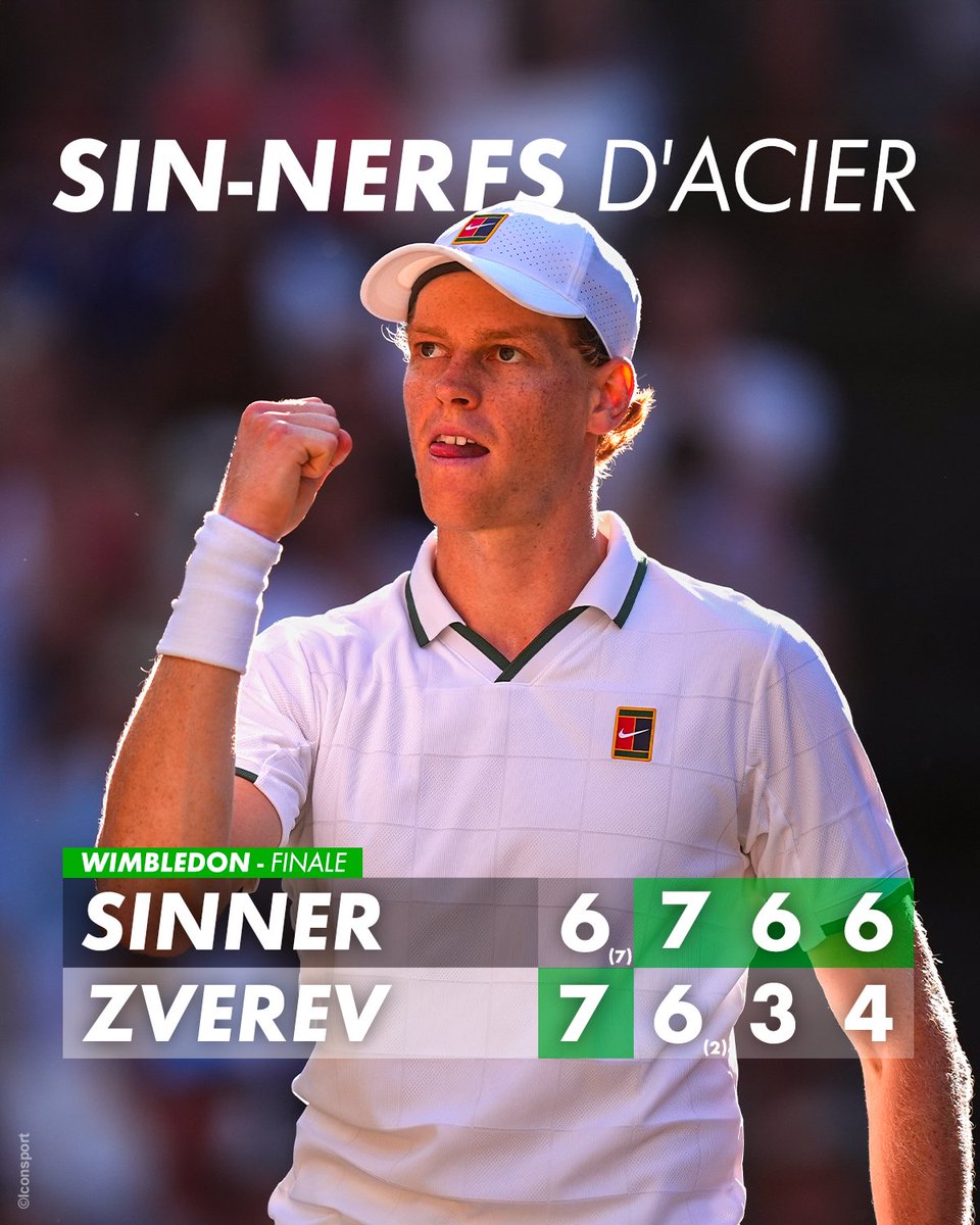 CanalplusSport's tweet photo. La double couronne pour Jannik Sinner 👑

Le numéro 1 mondial, malmené par Zverev en début de partie, est finalement venu à bout de l'Allemand en 3H45 de jeu et s'offre un back-to-back à Wimbledon 🏆 https://t.co/LeJCA2q71d