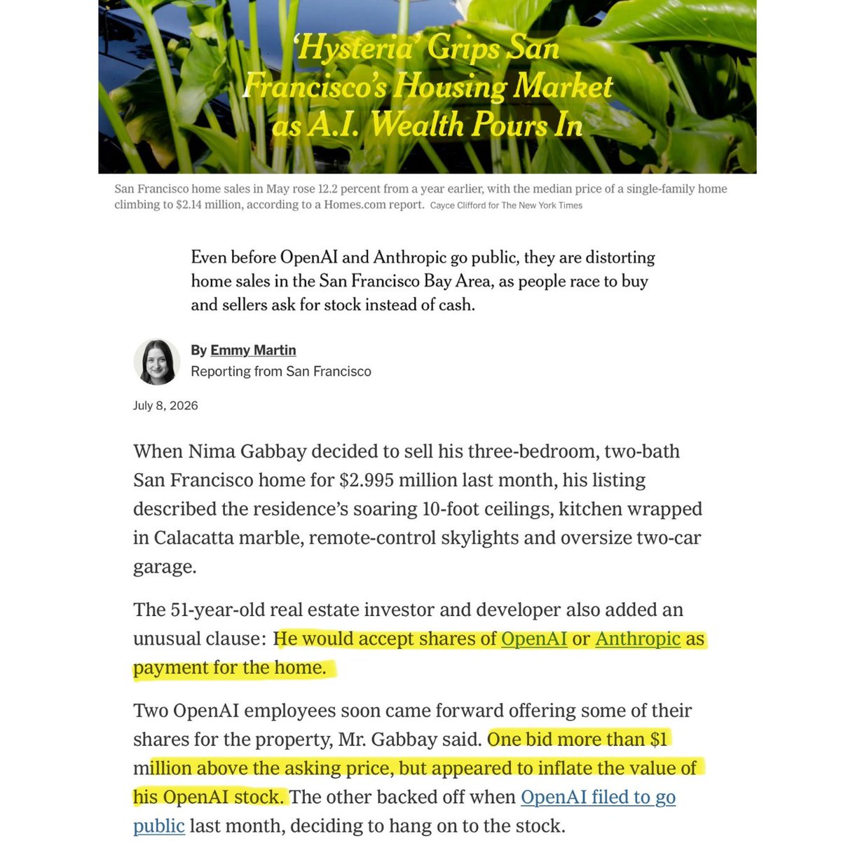 BullTheoryio's tweet photo. THIS IS THE CLEAREST SIGN YET THAT THE AI BUBBLE IS OUT OF CONTROL.

People are now trading real houses for stock that has no price. 

OpenAI and Anthropic have not gone public, and their shares cannot be freely traded as no market has priced them. But still, San Francisco sellers are accepting them as payment.

This is peak euphoria.

Nima Gabbay, a real estate investor and developer, listed his home for $2.995 million and said he would take OpenAI or Anthropic shares instead of cash.

One OpenAI employee bid more than $1 million over asking. Gabbay says the buyer appeared to be inflating the value of his own stock to get there.

Nobody knows what these shares are worth. So the buyer picked whatever number made his offer look bigger.

Vijay Chattha, a tech entrepreneur, offered a $500,000 discount on his $2.5 million home if the buyer paid in Anthropic stock. It still has not sold.

Storm Duncan, who runs a tech investment bank, built a LinkedIn page just for his $8 million property and messaged Anthropic employees asking to trade the house for shares.

The OpenAI and Anthropic IPOs are expected to create over 16,000 millionaires in the Bay Area. Buyers are rushing to lock in homes before that money lands and prices go higher. Sellers know it, so they are refusing to sell cheap.

That is why the whole market has gone vertical.

• 144 homes sold for at least $1 million over asking this year, up from 8 in the first half of 2025
• Sales above $10 million doubled in six months
• A home listed at $7.9 million sold for $15 million
• Fewer than 600 homes are left on the market, about 40% below the ten year average

In 2007, people borrowed against home appraisals nobody questioned and spent that paper value as cash. When the appraisals turned out to be wrong, the debt stayed and the value did not.

This is the same trade running backwards. Instead of borrowing against inflated houses to buy assets, people are spending inflated private stock to buy houses.