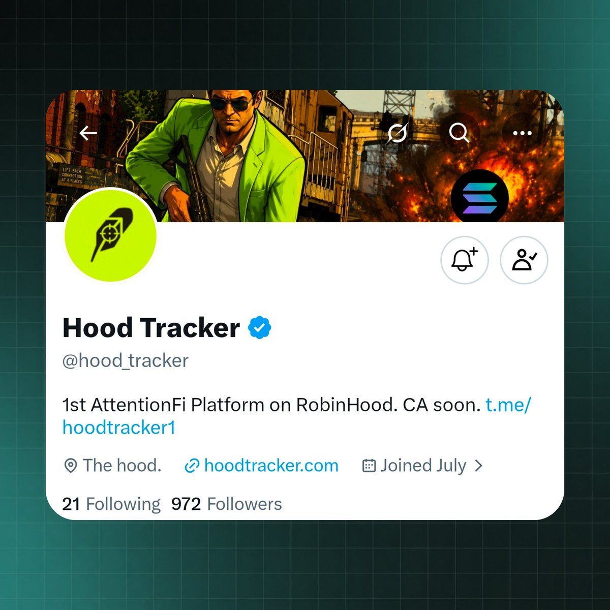Mehte_ch's tweet photo. 𝗣𝗿𝗼𝗷𝗲𝗰𝘁 𝗔𝗹𝗽𝗵𝗮 ✨

✧ 1st AttentionFi platform on Robin hood 💚

@hood_tracker ( early )

> $HoodTracker coming soon , 30% of the Token supply will be rewarded to the leaderboard 🌻

• Go site Below ( sing up with my link Get 5k point ) 
• Connect your x
• Connect your wallet

> https://t.co/4TwmjBRnUh