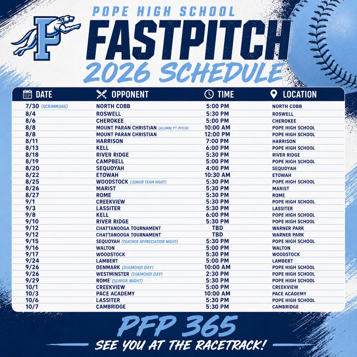 PopeFastpitch's tweet photo. Mark your calendars…we will see you at the #Racetrack and surrounding areas! Excited to get this group on the dirt!
#PFP365 https://t.co/jYODFgm6QP