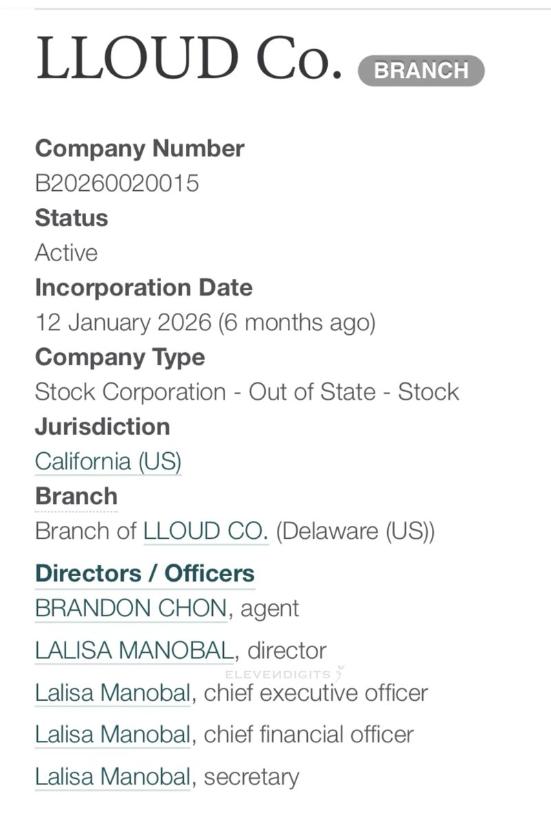 eleven_digits's tweet photo. LLOUD Co. now has an active California branch (reg. Jan 2026), expanding LLOUD’s US footprint beyond just Singapore HQ. 

But more importantly: the filing shows that LISA holds every single officer role: director, CEO, CFO, secretary! ✨ https://t.co/31zIGfb2iS