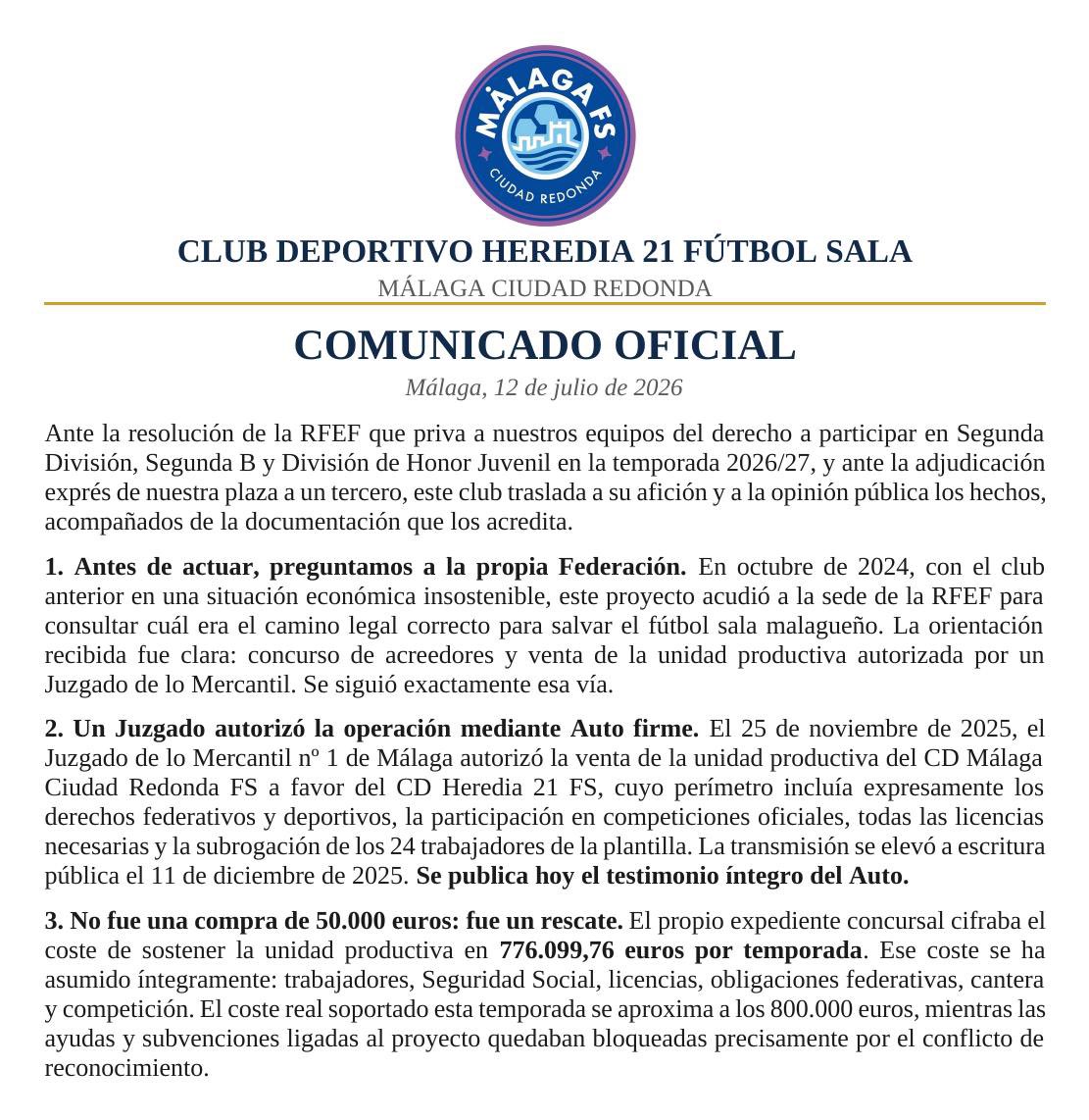 MalagaFS's tweet photo. 🚨 𝐂𝐎𝐌𝐔𝐍𝐈𝐂𝐀𝐃𝐎 𝐎𝐅𝐈𝐂𝐈𝐀𝐋 | El club traslada a su afición y a la opinión pública los hechos ante la resolución emitida por @FutSalRFEF 

👀 https://t.co/tiRgdfyqgg

#JusticiaMálagaFS https://t.co/sMsipN2Ecz