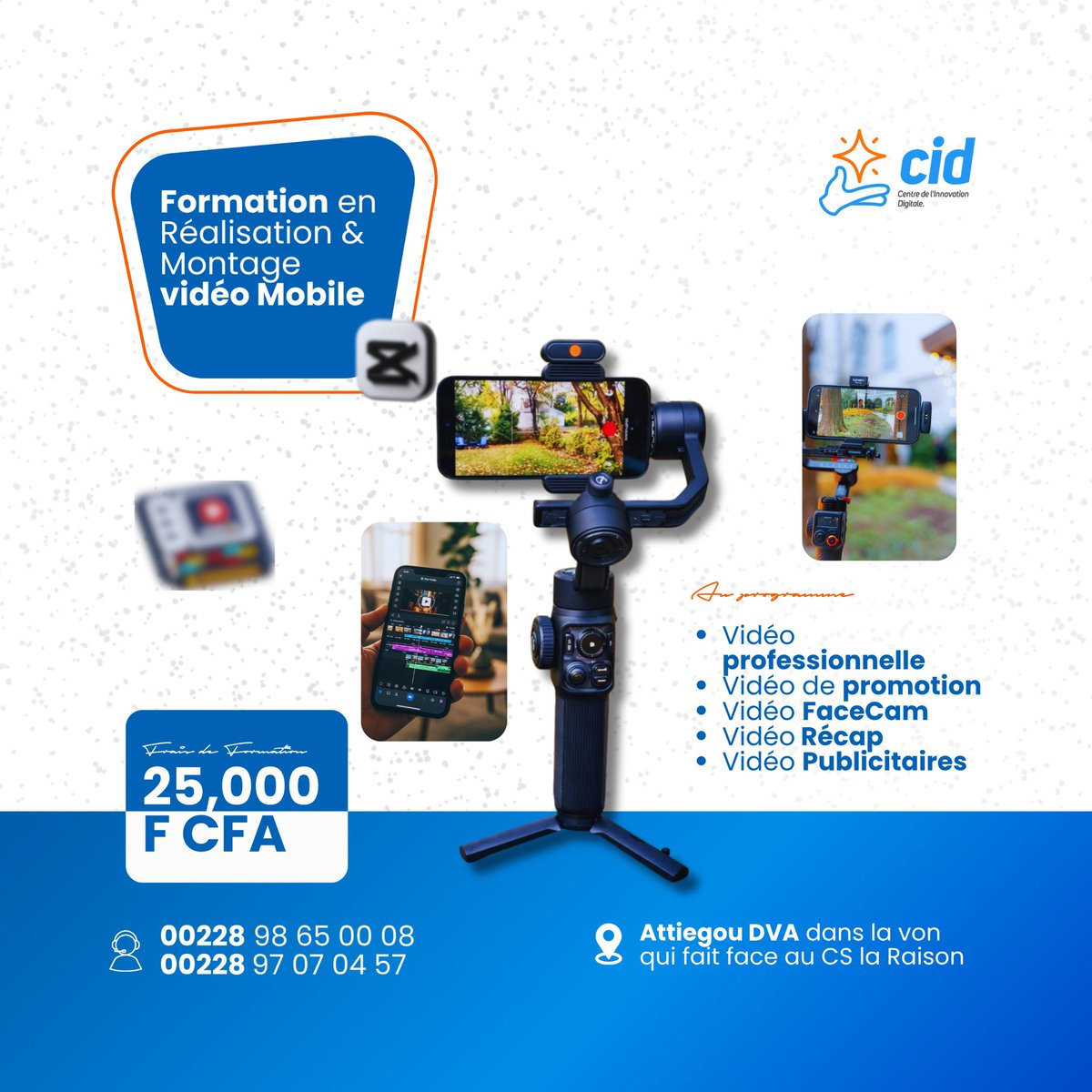 innovdigitale's tweet photo. 🎬 Maîtrisez l’art de la vidéo avec votre smartphone !

Apprenez à réaliser et monter des vidéos professionnelles, publicitaires, promotionnelles et FaceCam grâce à une formation 100 % pratique.

📞 +228 98 65 00 08 / +228 97 07 04 57

#CID #MontageVideo #VideoMobile https://t.co/CssANM3p3Y