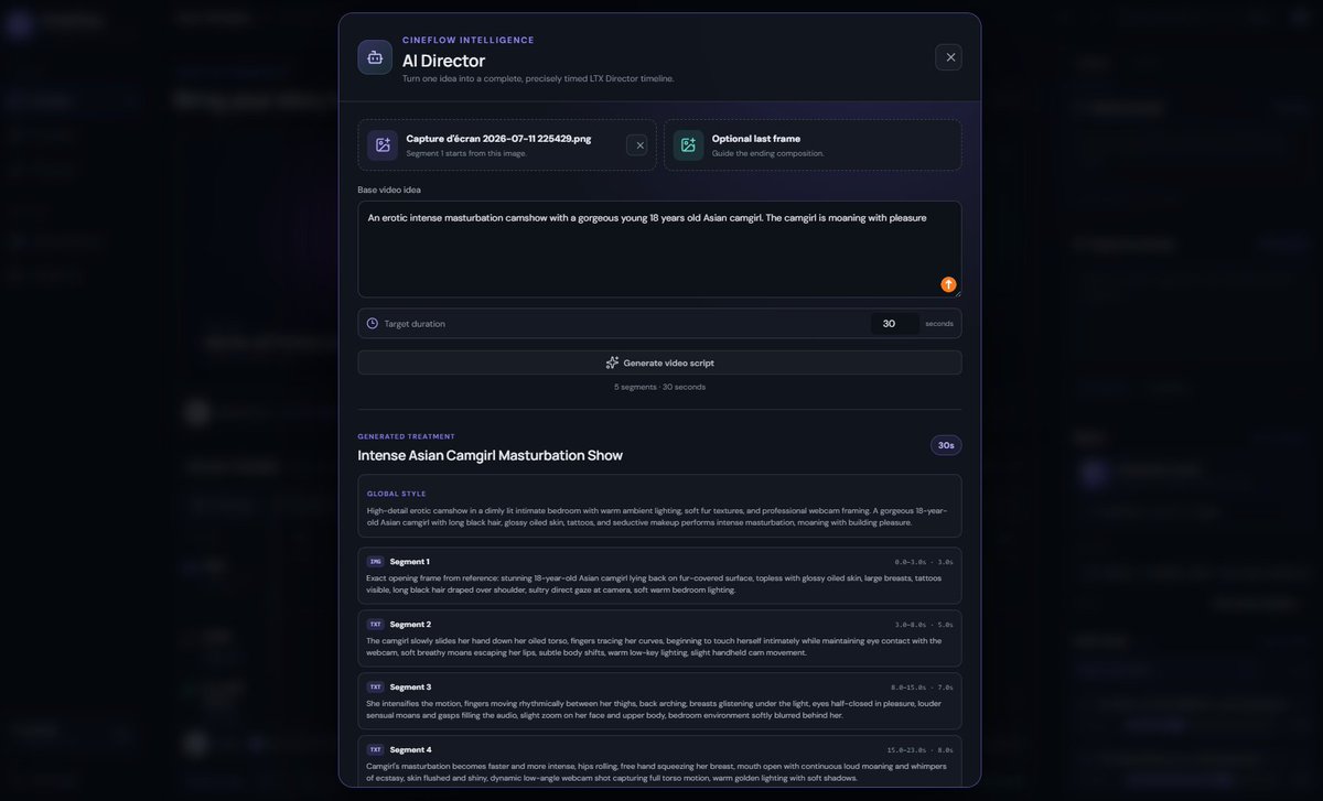 AIInfluencerHQ's tweet photo. I built the interface I always wished ComfyUI had. 👀

Meet CineFlow — an AI-powered production studio for LTX 2.3 video generation. 🎬✨

No more wrestling with nodes.
No more rebuilding complicated workflows.
No more constantly switching between tools. ❌
CineFlow replaces the frustrating ComfyUI web interface with a complete visual production workspace. 🚀
Here’s how it works:

1️⃣ Add a starting frame
2️⃣ Optionally add a final frame — or use pure Text-to-Video
3️⃣ Describe the video you want
4️⃣ Choose the target duration
5️⃣ Let the AI Director build the entire production timeline 🤖

The AI automatically:

→ Creates the global visual prompt
→ Breaks the concept into individual scenes
→ Writes a detailed prompt for every segment
→ Determines the best duration for each action
→ Maintains continuity between segments
→ Adds everything directly to the timeline
In less than a minute, the complete video structure is ready. ⚡
From there, you can select:
• Your LTX 2.3 checkpoint or GGUF model
• Your custom ComfyUI workflow
• Your resolution and aspect ratio
• Your seed and variants
• Your LTX 2.3 LoRA stack
• The exact section of the timeline to generate
Then click Run in ComfyUI. ▶️

That’s it.

ComfyUI still handles the generation in the background — but you never need to open or interact with its complicated web interface again. 🙌
CineFlow supports SFW and NSFW workflows, making it especially powerful for AI influencer creators producing premium content for platforms such as Fanvue, OFM and dFans. 🔥
And there is no artificial video-duration limit. ⏱️
The only real limitation is your hardware and available VRAM. 🖥️
Even with only one starting image and text prompts, CineFlow can maintain impressive character, lighting and scene consistency across long multi-segment videos. 🎥
The video below was generated using CineFlow. In one shot👇

For now, this is a private tool built for my own workflow. 🔒

But I’m seriously considering adding it to AI Influencer Studio in the coming weeks. 👀

Would you use CineFlow instead of the standard ComfyUI interface?
Like ❤️, repost 🔁 and comment “CINEFLOW” if you want early access.

#comfyui #NSFW #fanvue #ofm #dfans #LTXdirector #ltx #ppv