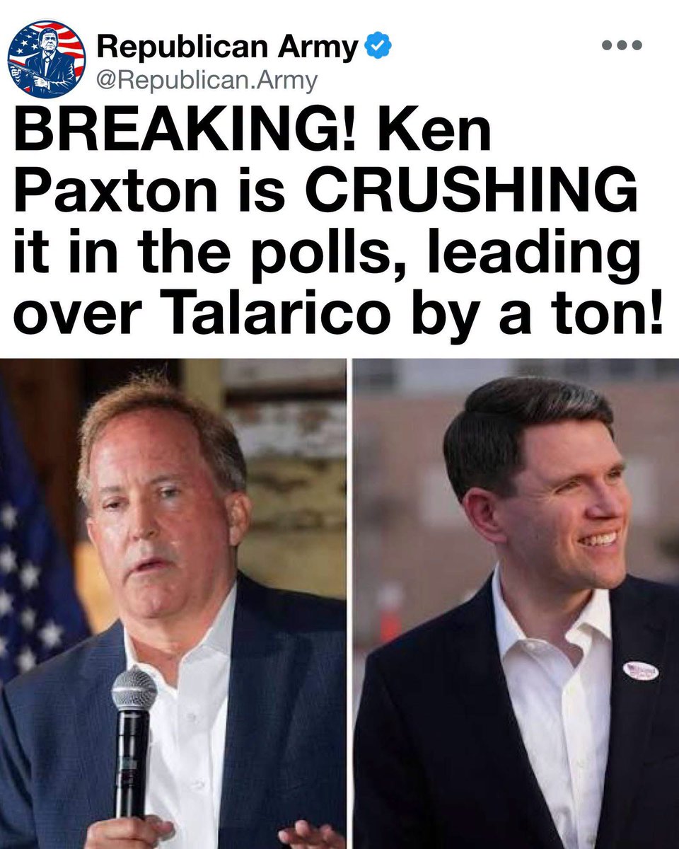 WellsJorda89710's tweet photo. 🚨 Texas is standing strong with a proven fighter!

Attorney General Ken Paxton continues to dominate, surging ahead in the polls with rock-solid conservative leadership. From crushing election integrity threats and securing the border to battling federal overreach, Paxton delivers RESULTS — not empty rhetoric.
Texans know a champion when they see one. He’s defending our values, protecting our families, and putting Texas FIRST every single day.

No more games. No more weakness. Just bold, unapologetic leadership for the Lone Star State.
The momentum is unstoppable. Another decisive victory is coming for principled conservatism! 🇨🇱
#KenPaxton #TexasAG #Paxton2026 #ElectionIntegrity #SecureTheBorder #TexasFirst #ConservativeValues #AmericaFirst #StandWithPaxton #LoneStarState