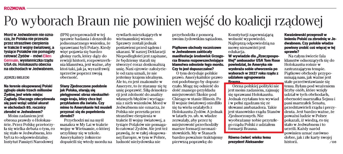 LeskiPiotr's tweet photo. W poniedziałkowej "Rzeczpospolitej" wywiad z Ellen Germain, wysłanniczką rządu USA ds. Holokaustu, a tam jasna deklaracja: 

"Nie wyobrażamy sobie przyszłego rządu Polski z udziałem Brauna. Takie jest stanowisko rządu Stanów Zjednoczonych"

No to PiS ma problem, bo bez Brauna rządu nie stworzą...