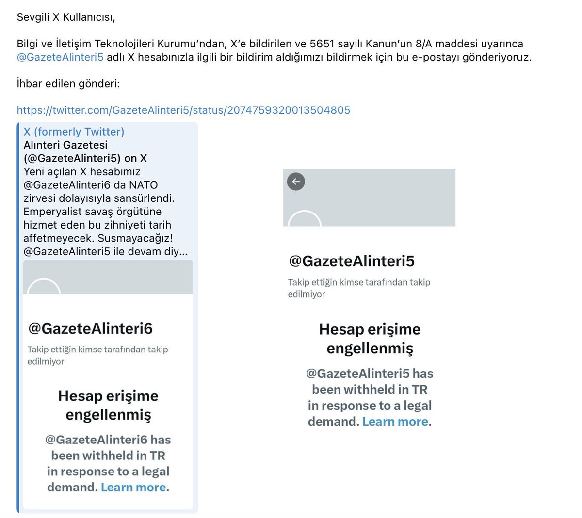GazeteAlinteri7's tweet photo. 5’i engellediler, 6’yı engellediler, 7’yi açtık!

⌛️Hiçbir mizah türünün anlatamayacağı bir durum yaşanıyor. Hesabımızın kapatılması ve açılan yeni hesap duyurumuz gerekçe gösterilerek X hesabımız yine kapatıldı.
Buyurun @GazeteAlinteri7, yine buradayız! https://t.co/IyALg42ry4
