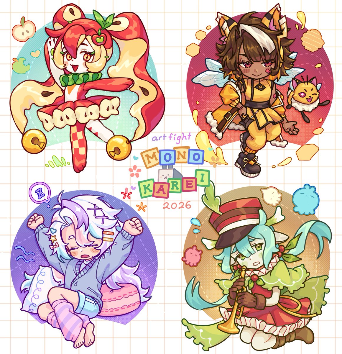 monokarei's tweet photo. #ARTFIGHT chibi thread 1/4 🌈✨️
my fellow fighters out there pls share profiles for me to find more characters!! 🙇‍♂️

🍎 @jaymadesmth
🐝 @Sen_Saari 
🛏 @/skull_kandixd (AF)
🎺@tera_uu https://t.co/sswQDjjG1B