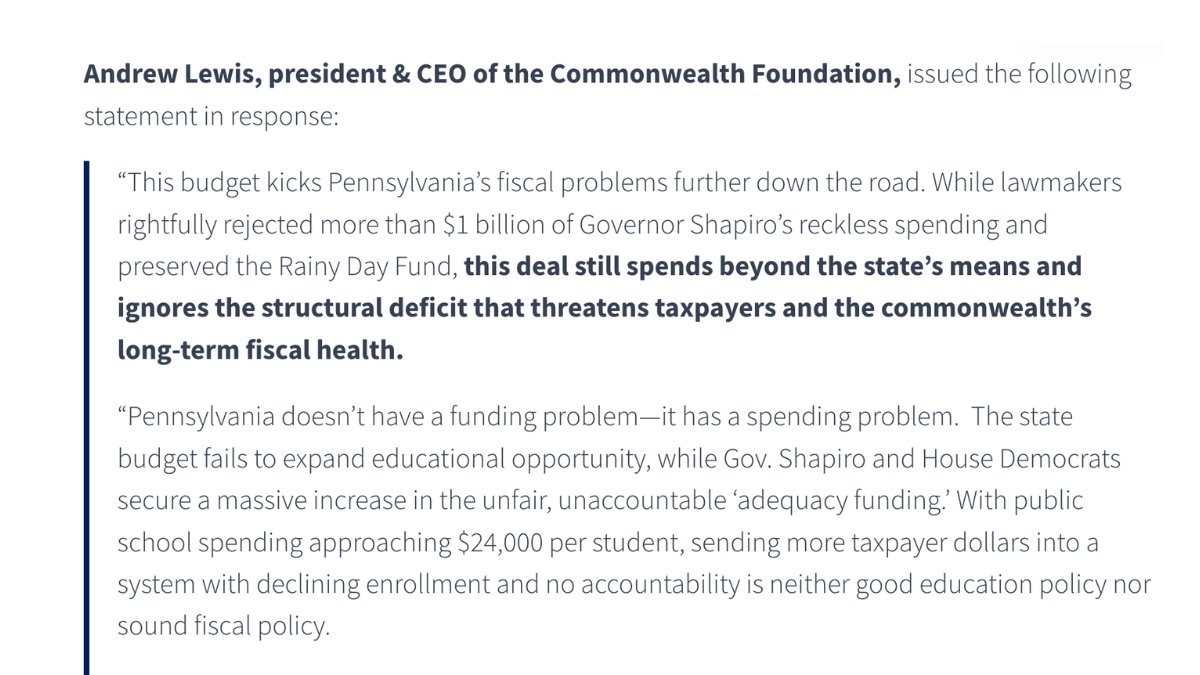 MyCommonwealth's tweet photo. 🚨 BREAKING NEWS

The Pennsylvania legislature has passed a budget. 

While the deal blocks Gov. Shapiro’s worst budget priorities, overspending remains a top concern.

Our full statement, with comments from @AndrewLewisPA and @MeganMartin815: https://t.co/Jop1Qjx1sa https://t.co/XeNdiH2eaC