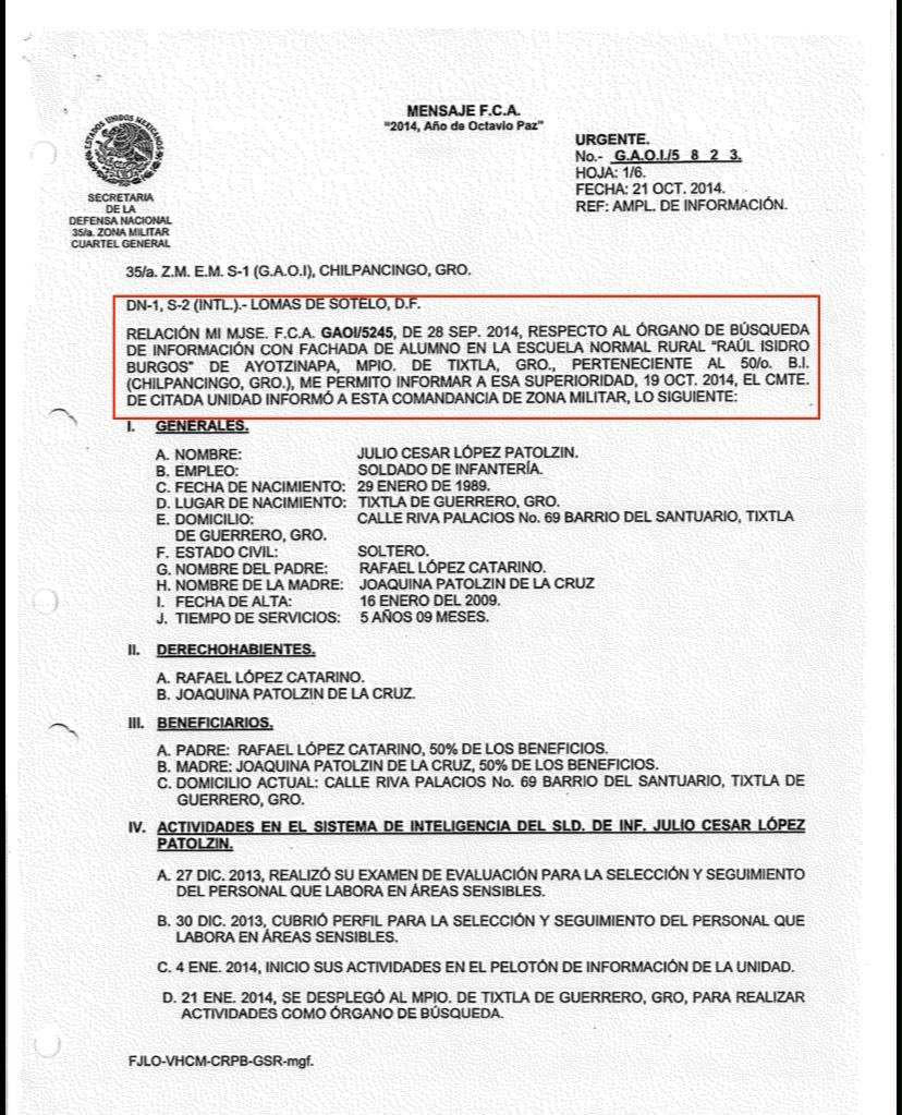 A_Encinas_R's tweet photo. 1/3
Ayuda para la memoria: 

El soldado López Patolzin estaba adscrito como Órgano de Búsqueda de Información (OBI), “con fachada de alumno”, en la Escuela Normal Isidro Burgos de Ayotzinapa, como acreditan documentos oficiales. 

Abro hilo:
#Ayotzinapa https://t.co/Cn82XCYlfv