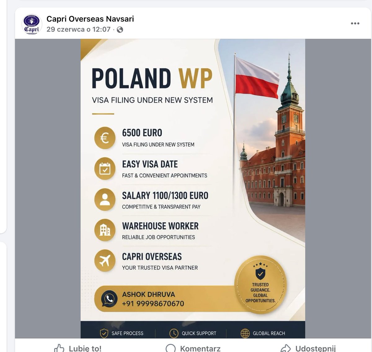 KonradKrajewsk6's tweet photo. Capri Overseas sprzedaje w Indiach ofertę „POLAND WP” za 6500 euro. W reklamie widnieją: praca magazyniera w Polsce, pensja 1100–1300 euro, „visa filing under new system” i „easy visa date”. Kontakt prowadzi bezpośrednio do Ashoka Dhruvy i sieci Capri Overseas / Capri Versity.

Nie wiadomo też, kto otrzymuje 6500 euro i za co dokładnie kandydat płaci.

Capri miało własną spółkę w Polsce: Capri Overseas Ecucom sp. z o.o. z Warszawy. Była kontrolowana personalnie przez rodzinę Dhruva, ale została wykreślona z KRS w 2024 r. Obecna kampania dotycząca pracy w Polsce jest prowadzona już spoza Polski.

Co więcej, jako dowody skuteczności Capri pokazuje polskie dokumenty z 2018 r. 

Capri łączy ofertę pracy z „British Skill Certificate”, CPD, placementem i obsługą wizową. Nie podaje jednak nazwy instytucji wydającej konkretny certyfikat, kodu kwalifikacji ani numeru zatwierdzonego centrum. Na stronie Capri Versity znaleziono też błędne informacje o poziomach brytyjskich kwalifikacji.

Dodatkowy problem stanowi hasło „easy visa date”. Polskie placówki w Indiach informują, że terminy wiz pracowniczych są przydzielane przez system e-Konsulat, często w drodze elektronicznego losowania. Pośrednik nie ma legalnego uprzywilejowanego dostępu do terminu.

Capri nie figuruje także pod tą nazwą w wykazie aktywnych indyjskich Recruiting Agents. 

Przy cenie 6500 euro kandydat powinien przed wpłatą otrzymać pełną umowę, fakturę, dane odbiorcy pieniędzy, aktualne zezwolenie na pracę, nazwę polskiego pracodawcy, numer KRAZ, warunki zatrudnienia, regulamin zwrotów i numer licencji rekrutera.