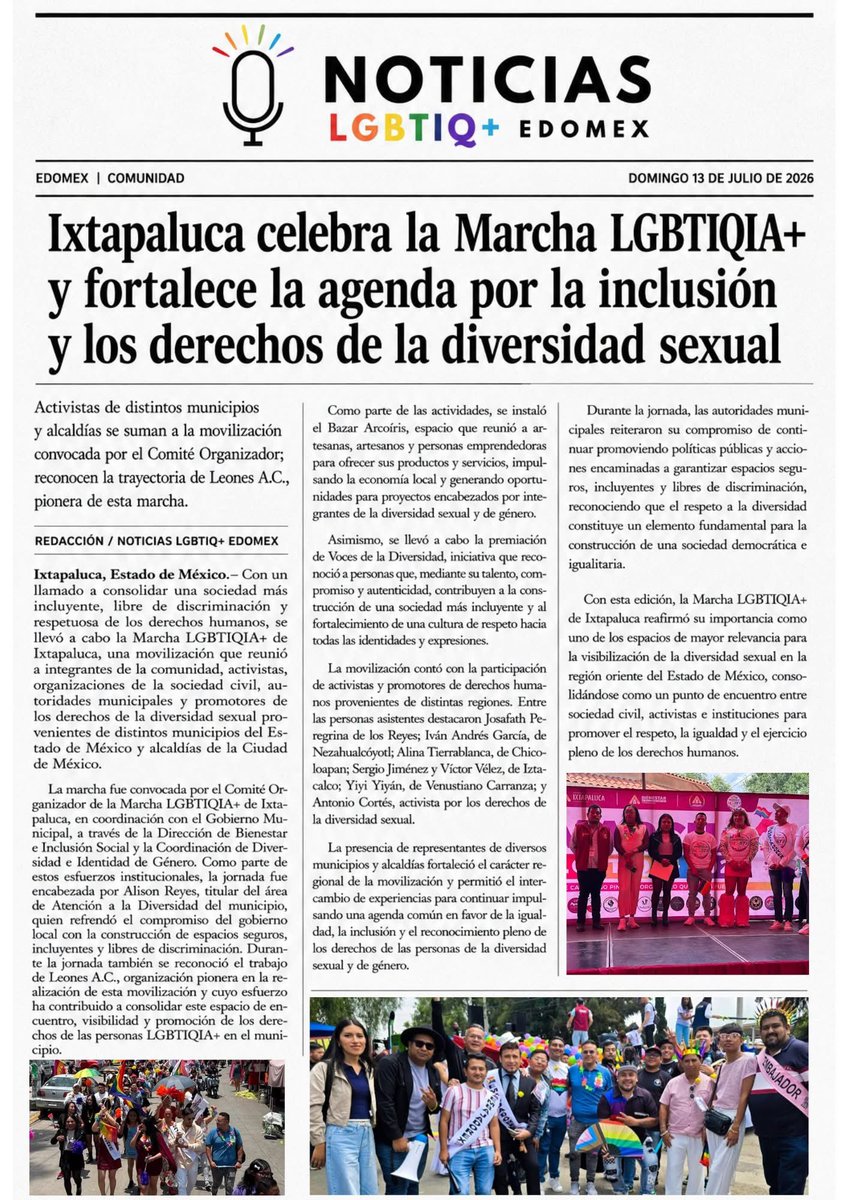 NoticiasLGBTIQ's tweet photo. 𝗜𝘅𝘁𝗮𝗽𝗮𝗹𝘂𝗰𝗮 𝗰𝗲𝗹𝗲𝗯𝗿𝗮 𝗹𝗮 𝗠𝗮𝗿𝗰𝗵𝗮 𝗟𝗚𝗕𝗧𝗜𝗤𝗜𝗔+ 𝘆 𝗳𝗼𝗿𝘁𝗮𝗹𝗲𝗰𝗲 𝗹𝗮 𝗮𝗴𝗲𝗻𝗱𝗮 𝗽𝗼𝗿 𝗹𝗮 𝗶𝗻𝗰𝗹𝘂𝘀𝗶ó𝗻 𝘆 𝗹𝗼𝘀 𝗱𝗲𝗿𝗲𝗰𝗵𝗼𝘀 𝗱𝗲 𝗹𝗮 𝗱𝗶𝘃𝗲𝗿𝘀𝗶𝗱𝗮𝗱 𝘀𝗲𝘅𝘂𝗮𝗹 #MarchaLGBT #Ixtapaluca #Diversidad #LGBT #Gay #EdoMexLGBT https://t.co/hpAO3fA672