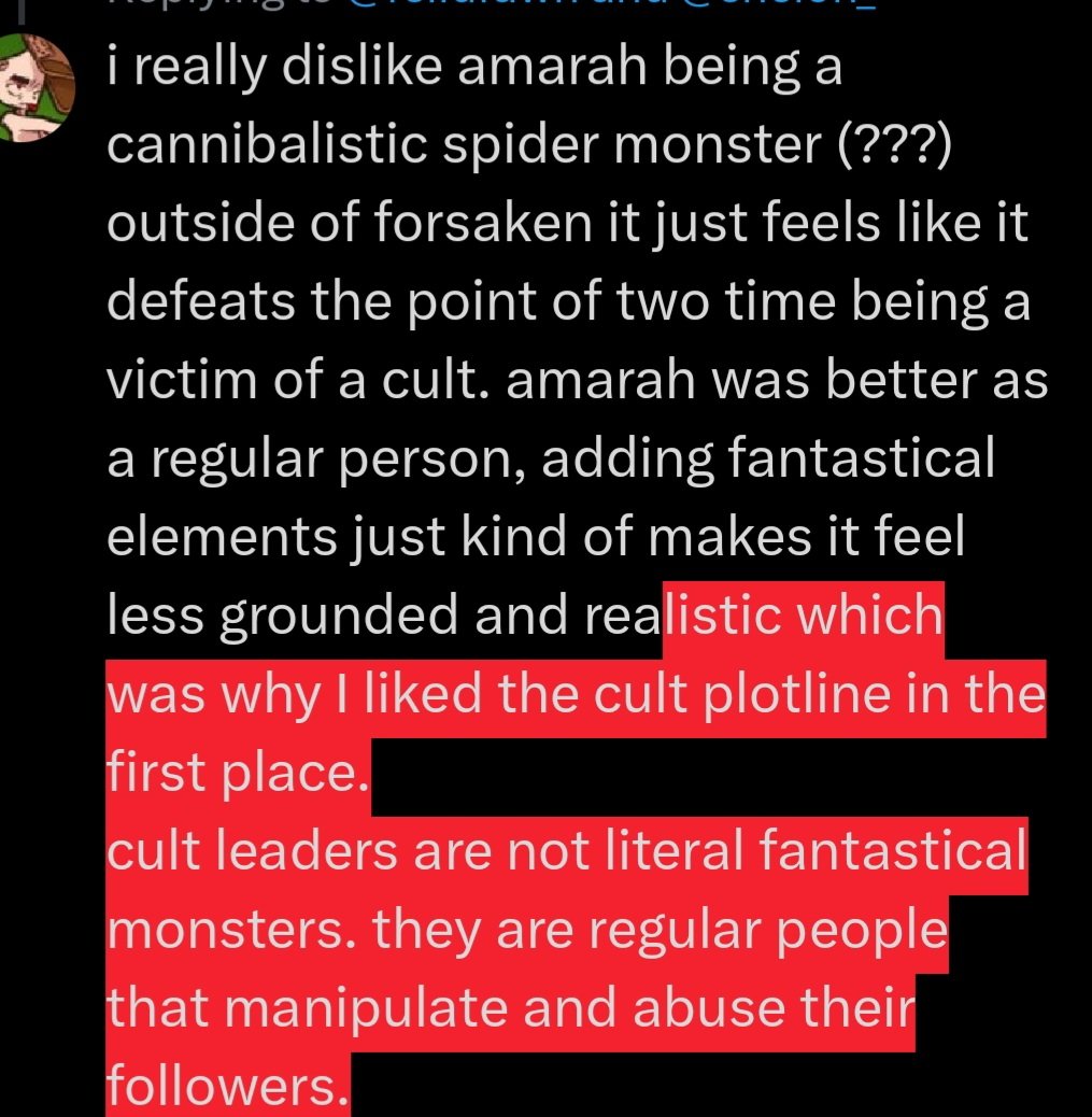 felidfawn's tweet photo. @sheloh_ the cannibalism thing just feels so low effort and forced for the shock factor. yadda yadda https://t.co/XeN9tb8fkv