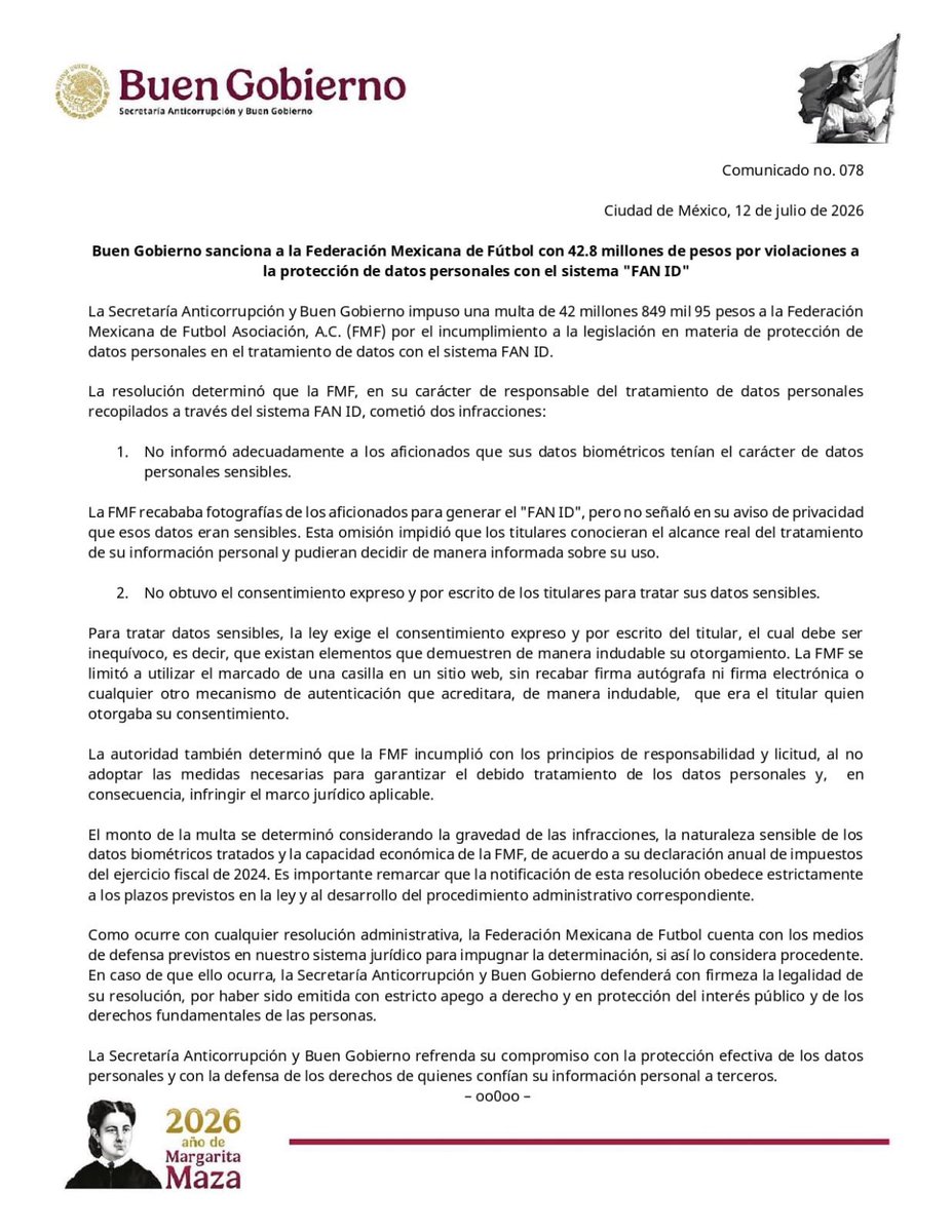 azucenau's tweet photo. 🔴La Secretaría Anticorrupción y Buen Gobierno impuso una multa de 42.8 millones de pesos a la Federación Mexicana de Futbol (FMF) por violaciones a la protección de datos personales mediante el sistema "FAN ID". https://t.co/rgXprgmXAo