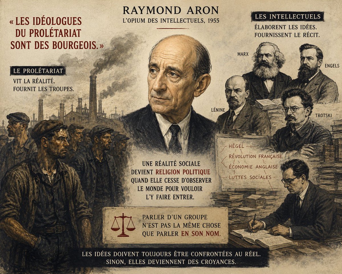 moralebatis's tweet photo. Raymond Aron développe une idée particulièrement provocatrice dans L’Opium des intellectuels (1955).

Il écrit :

« Les idéologues du prolétariat sont des bourgeois. »

À première vue, la formule paraît absurde.

Comment les défenseurs de la classe ouvrière pourraient-ils être… des bourgeois ?

Pourtant, Aron ne parle pas de richesse. Il parle de milieu culturel.

Marx, Engels, Lénine, Trotski… ne sont pas des ouvriers d’usine. Ce sont des hommes très instruits, issus de milieux éduqués.

Plus largement, les grands dirigeants des partis communistes sont rarement des ouvriers. Ce sont des professeurs, des journalistes, des avocats, des écrivains, des universitaires.

Le paradoxe est donc le suivant :

L’idéologie censée représenter le prolétariat a été élaborée presque exclusivement par des intellectuels.

Aron va encore plus loin.

Il affirme que le prolétariat n’a jamais produit, par lui-même, une philosophie complète de l’histoire, de la politique ou de l’économie.

Les ouvriers avaient une culture, des valeurs, une manière de vivre.

Mais la théorie est venue d’ailleurs.

Autrement dit :

Le prolétariat fournissait les troupes. Les intellectuels fournissaient le récit.

Pourquoi ce récit a-t-il eu un tel succès ?

Parce qu’il partait d’un constat réel.

La misère ouvrière du XIXᵉ siècle existait.

Marx ne l’invente pas.

Mais, selon Aron, il transforme cette réalité sociale en une immense théorie de l’Histoire.

Il mêle Hegel, la Révolution française, l’économie politique anglaise et les luttes sociales de son époque pour construire un système intellectuel d’une cohérence remarquable.

C’est précisément ce qu’Aron critique.

Non pas la souffrance des ouvriers.

Mais le moment où une réalité devient une religion politique.

Le prolétariat cesse d’être une classe sociale.

Il devient le peuple élu chargé de sauver l’humanité.

C’est là que ce texte reste étonnamment actuel.

Car le mécanisme dépasse largement le marxisme.

Très souvent, ceux qui parlent le plus au nom d’un groupe n’en font pas eux-mêmes partie.

Des diplômés parlent au nom des classes populaires.

Des militants parlent au nom des entrepreneurs sans avoir jamais créé d’entreprise.

Des experts parlent au nom des agriculteurs sans avoir travaillé la terre.

Cela ne signifie pas qu’ils ont forcément tort.

Mais Aron nous invite à une distinction essentielle :

Parler d’un groupe n’est pas la même chose que parler en son nom.

Et encore moins vivre sa réalité.

C’est peut-être la grande leçon d’Aron.

Les idées doivent toujours être confrontées au réel.

Lorsqu’elles cessent d’observer le monde pour vouloir le faire entrer à tout prix dans une théorie, elles deviennent des croyances.

Et une croyance, aussi séduisante soit-elle, finit souvent par voir le monde tel qu’elle voudrait qu’il soit, plutôt que tel qu’il est.

#RaymondAron #Philosophie #Économie #MoraleDesBâtisseurs