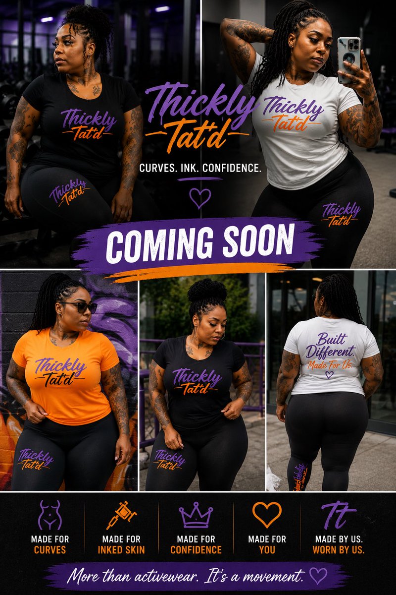 Thicklytatd's tweet photo. Thick bodies. Inked skin. Unapologetic confidence. 🧡💜

Thickly Tat’d was made for curves, made for confidence, and made for US. This is more than activewear—it’s a movement.

COMING SOON 👀🔥

#ThicklyTatd #CurvesInkConfidence #PlusSizeActivewear #TattooedWomen #BodyConfidence https://t.co/jID5PKoiJJ