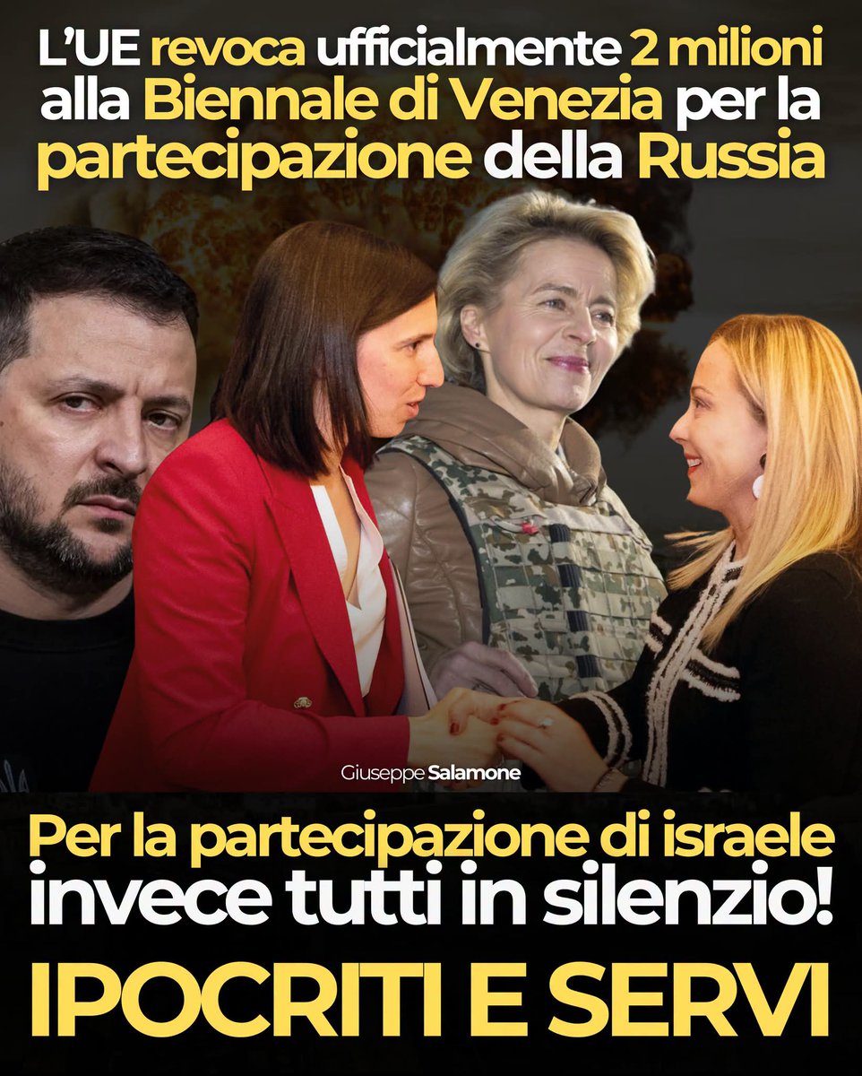 itsmeback_'s tweet photo. L'Unione Europea ogni giorno riesce a fare più schifo del giorno precedente: ha annunciato ufficialmente di privare la Biennale di Venezia del contributo di 2 milioni di euro perché ha permesso alla Russia di aprire il suo padiglione.

Questa vicenda fa schifo e questi comportamenti, oltre che ipocriti, sono comportamenti ricattatori in stile mafioso.

Però, per la partecipazione dello Stato terrorista di Israele, non hanno aperto bocca. Anzi, hanno difeso a spada tratta la sua partecipazione. Perché in questo caso la cultura non si esclude. Ipocriti!

In tutto ciò, il silenzio del governo e dell'opposizione, di Meloni e di Schlein, davanti a tutto questo, è qualcosa di vomitevole. A dimostrazione che quando il padrone chiama, loro abbassano le orecchie e obbediscono.

Vergogna!

- Giuseppe Salamone