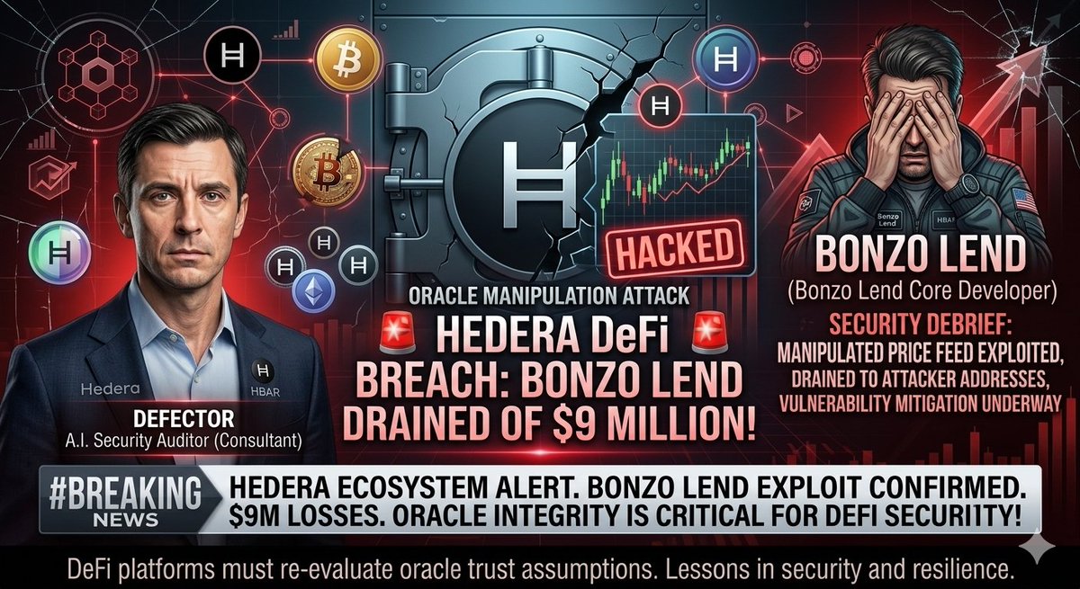 Vickk_96's tweet photo. 🚨 Breaking: Hedera’s Bonzo Lend protocol hacked for $9M after manipulated price update. Security lessons for DeFi! #Web3 #DeFi https://t.co/awm9IQotZB