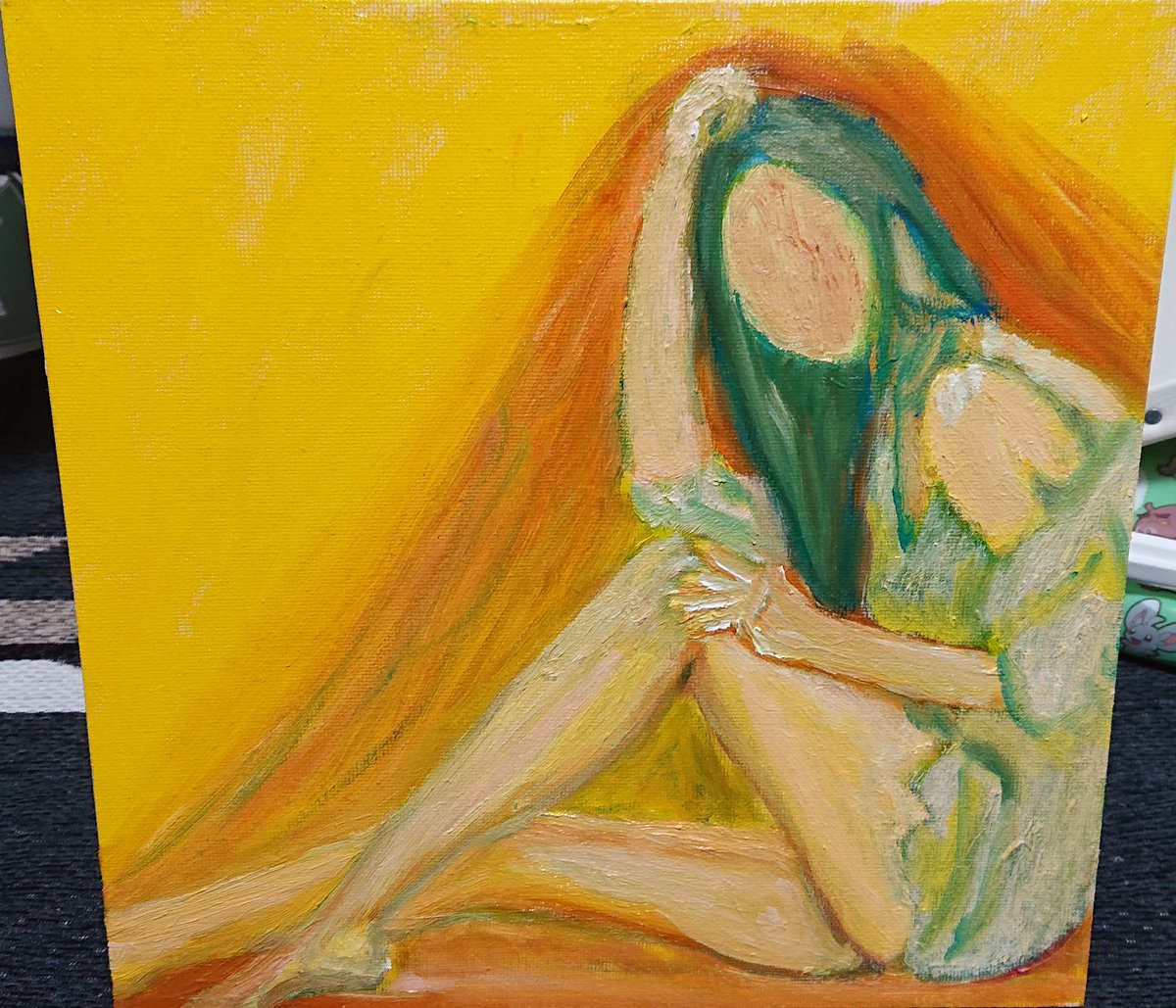 painter_yosuke's tweet photo. 最近あまりにも絵出していないので過去絵から

「ひまわりの少女」2024年11月
100均のスクエアキャンバス　油彩

#油絵
#oilpainting 
#アナログはいいぞ https://t.co/iqcm79oSwO