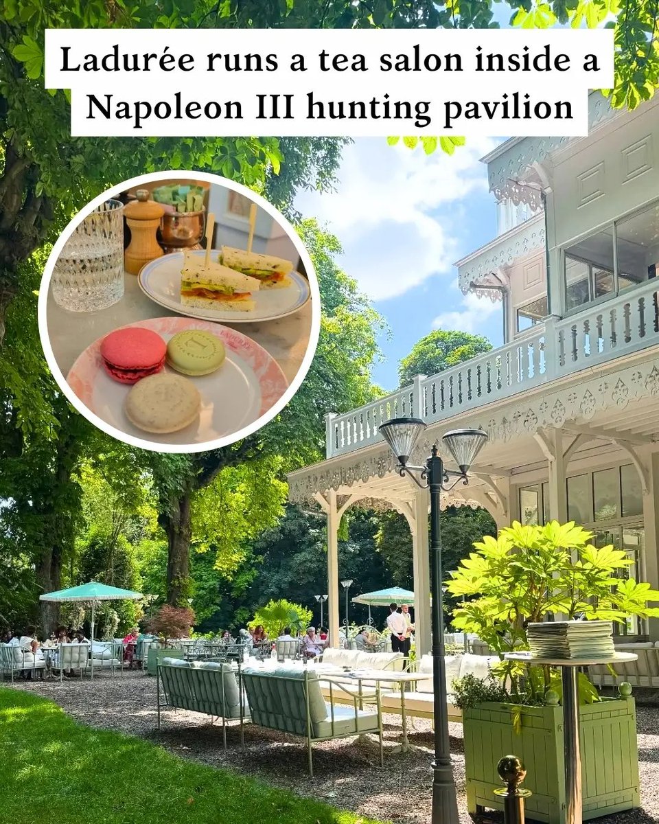 francesafetytra's tweet photo. You are looking at the terrace of Pavillon Gravelle, deep inside the Bois de Vincennes, the forest that sits at the eastern edge of Paris.

The building itself started out as a hunting pavilion built for Napoleon III. Today it belongs to Ladurée, the Parisian pastry house, which spent three years renovating the place before reopening it as a tea salon and restaurant.

This part of Paris feels nothing like the city center. The Hippodrome de Vincennes, one of France's busiest horse racecourses, sits right next door. The lake known as Lac de Gravelle is a short walk through the trees. Joggers, cyclists, and families on weekend outings pass by all day, and the pace slows down considerably.

Under the chestnut trees, the tables stay shaded even at the height of summer. People come here for a long lunch or an afternoon tea time, less for the macarons than for the chance to sit outside without the noise of traffic.

It sits far enough from the usual sightseeing route that few visitors make the trip out, even though it is barely twenty minutes from Gare de Lyon.
