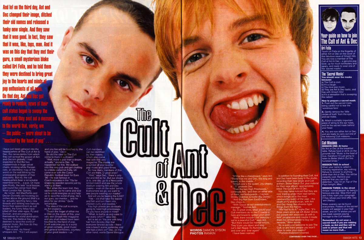 TvDidYouSee's tweet photo. #OnThisDay 14 August 1996 - SMASH HITS
HOW TO JOIN THE CULT OF #AntAndDec - touch the sacred hand of pop!
KAVANA QC - #Kavana reckons "six months in prison would sort #Oasis out!"
NO! NOT THE BISCUIT TIN with Louise. https://t.co/3r7Q9xf2go