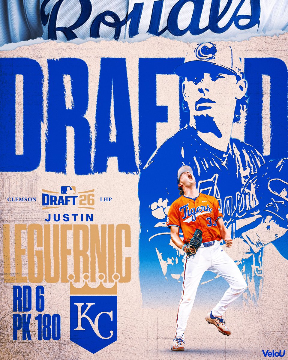 velouniversity's tweet photo. Justin LeGuernic is headed to the Royals!

Congratulations to Justin on being selected by the Royals with the 180th overall pick in the 6th round of the 2026 MLB Draft!

Justin has been part of the VeloU family for the past five years, developing into one of the hardest-throwing left-handed pitchers in college baseball during his career at Clemson.

We're incredibly proud to have been a part of Justin's development and can't wait to watch him take the mound in the Royals organization. Congratulations, Justin!