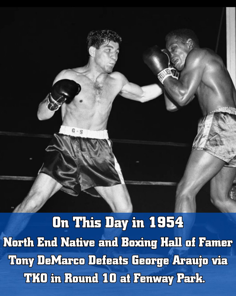 TheSportsMuseum's tweet photo. On This Day in 1954, North End Native and Boxing Hall of Famer Tony DeMarco Defeats George Araujo via TKO in Round 10 at Fenway Park.
#thesportsmuseum #TonyDeMarco #Boxing #BoxingHallofFame #BostonSportsHistory #FenwayPark https://t.co/pgLE2f3EHP