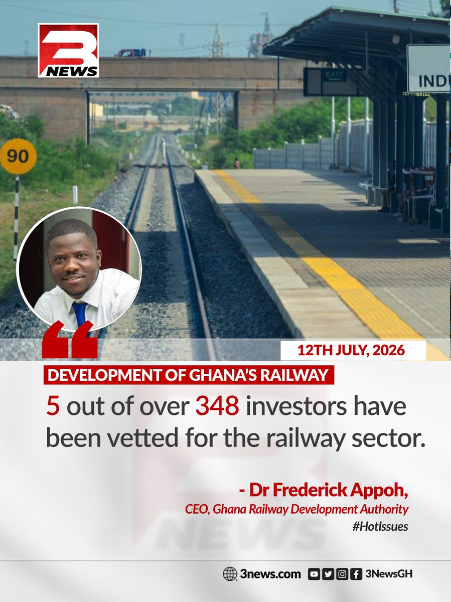 tv3_ghana's tweet photo. The Ghana Railway Development Authority has vetted 5 out of more than 348 investors interested in developing the country's railway sector, according to CEO Dr. Frederick Appoh.

#3NewsGH #TV3GH https://t.co/7xKHwTUvZ3