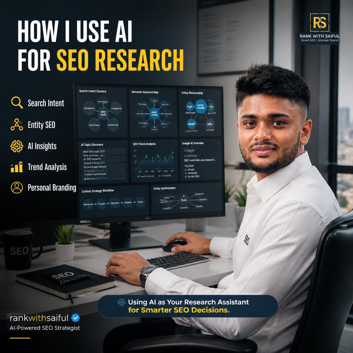 rankwithsaiful's tweet photo. AI hasn't replaced my SEO research.
It has improved it.

I use AI for:
• Topic discovery
• SERP pattern analysis
• Semantic clustering
• Trend monitoring
• Content planning

The goal isn't automation.

The goal is better decisions.

Human judgment still matters.
#AISEO #SEO https://t.co/xE0I5VPXKg