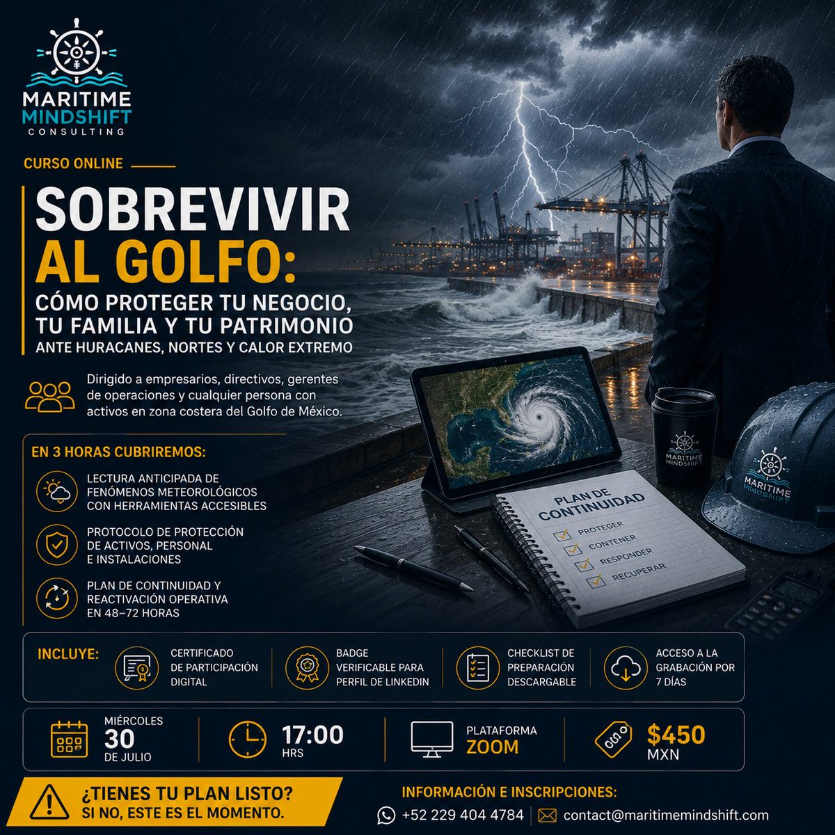 RdFernandez07's tweet photo. @vanguardiamx Temporada activa. ¿Tu negocio sabe qué hacer 72hrs antes de un huracán? El 30 de julio lo platicamos. Taller en línea · $450 MXN 📲 +52 229 404 4784 #HuracanesGolfo https://t.co/dGTBm5MnJM