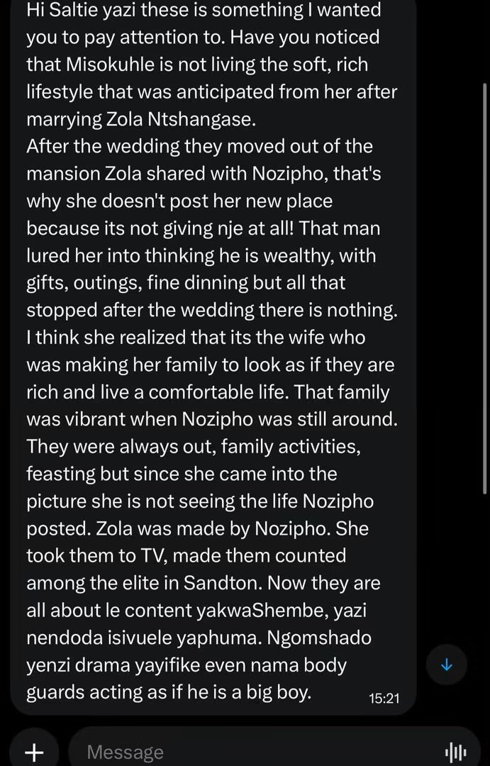 bongyluaziey's tweet photo. Durban birds share they’ve been seeing miss lovely Nozipho N with her husband Zola Ntshangase in cozy places there by Ballito,

The bird says Miso was sold dreams because shortly after that luxury 3-days wedding she ain’t been taken to even a nice spar date and had to be moved to a smallanyana apartment while Nozi keeps chopping the money on making herself look younger there by the doctors,

Gatvol sidekicks have flooded saltie entertainment,saying the reason Misokuhle is nolonger posting luxury content is because she is working from mon-fri…😭😭😭😭
