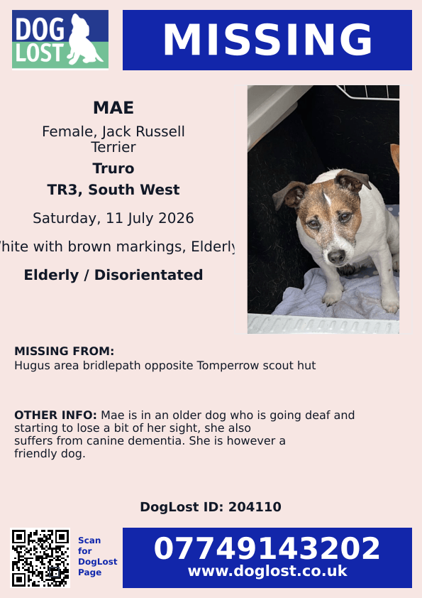 MissingPetsGB's tweet photo. 🐕#URGENT MAE is an elderly dog who is going #deaf &amp; starting to lose her sight, she also suffers from canine #dementia

MAE went #missing 11 July 2026 from Hugus area bridlepath opposite Tomperrow scout hut #Truro #Cornwall #TR1

Please report any sightings asap!! #stolendoghour https://t.co/60hMPjMYhs