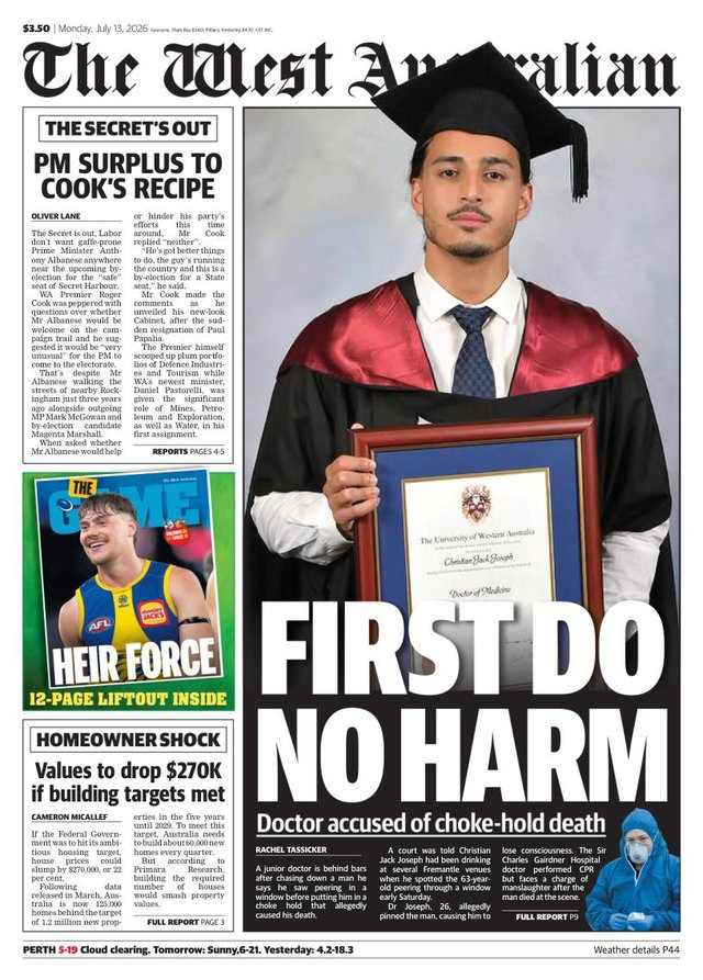 ukpapers's tweet photo. ▫ First do no harm

▫Christian Jack Joseph: Young doctor charged with manslaughter after man found dead on South Terrace, Fremantle
▫@RachelTassicker
▫https://t.co/CGWbIGFSAh

@westaustralian #frontpagestoday #Australia 🇦🇺 https://t.co/fs56FqJrXB