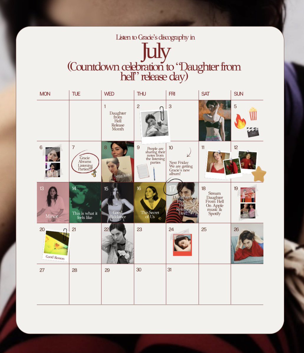SpotifyGracie's tweet photo. To celebrate the release of “Daughter from Hell” on Friday, let’s revisit @gracieabrams’ previous eras! ❤️💜#CountdownToDFH
Starting Monday, July 13th by streaming her debut EP “minor”! 🤍
(graphic by the incredible @gracieabramsbg 🫶🏻🫶🏻) https://t.co/cSazu7MOM8